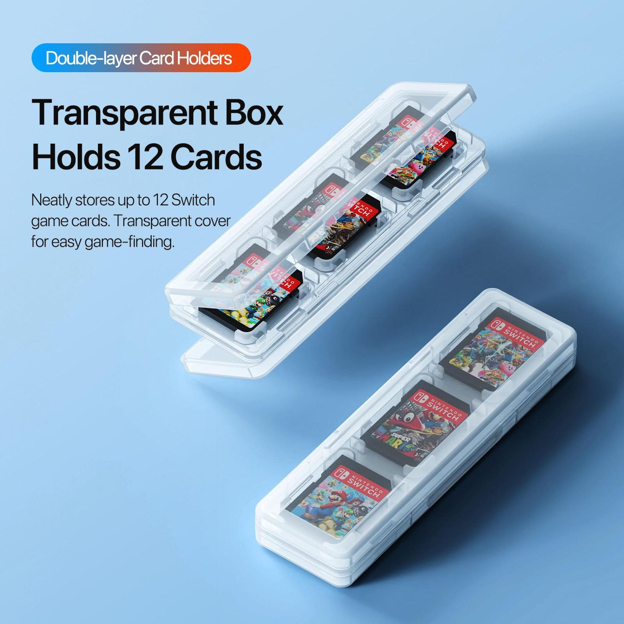 Carcasas de plástico transparente con cartuchos de juegos de Nintendo Switch. El texto dice 'Double-layer Card Holders'.