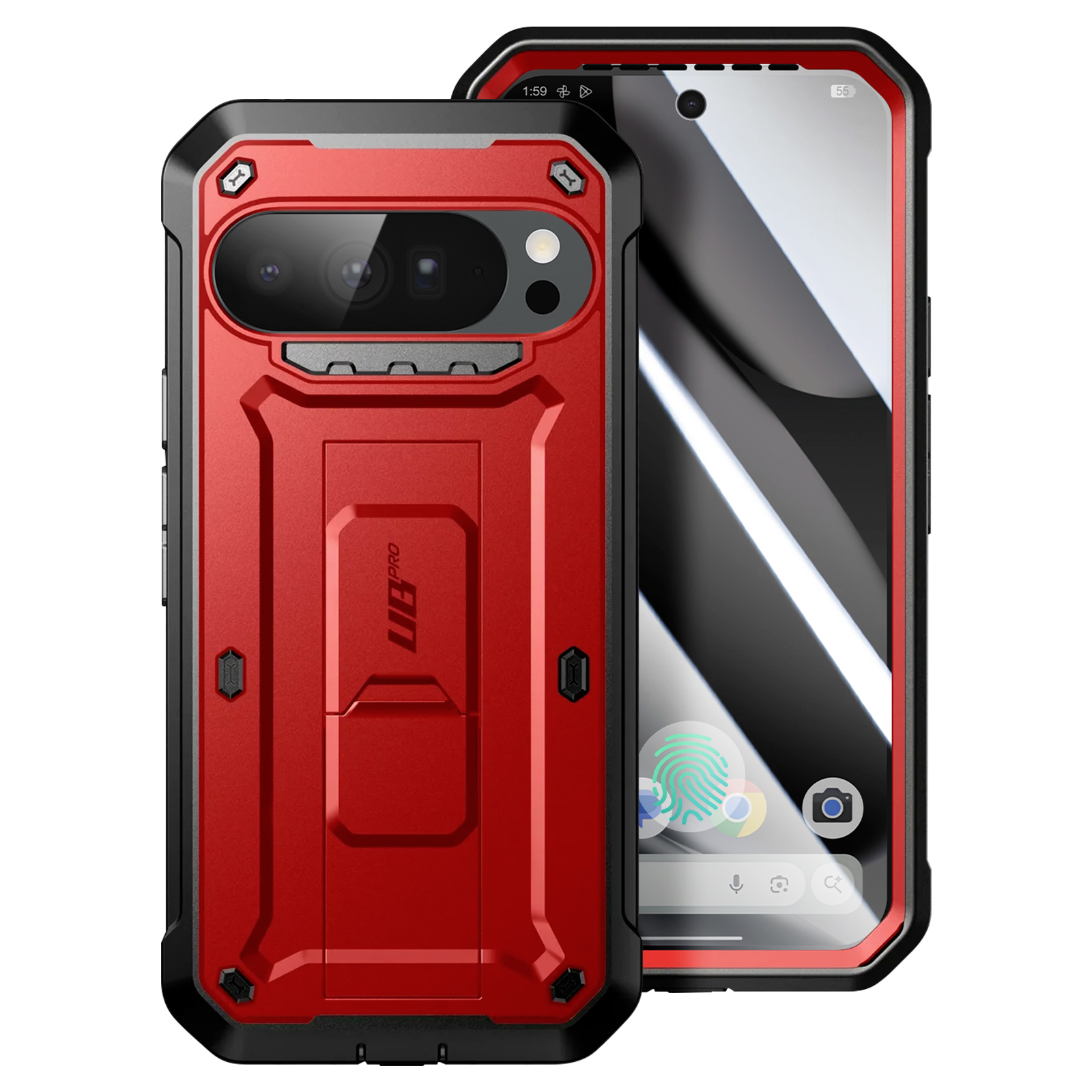 Due smartphone in custodie protettive. Uno è rosso, l'altro ha un bordo nero. Entrambi hanno gli schermi accesi.