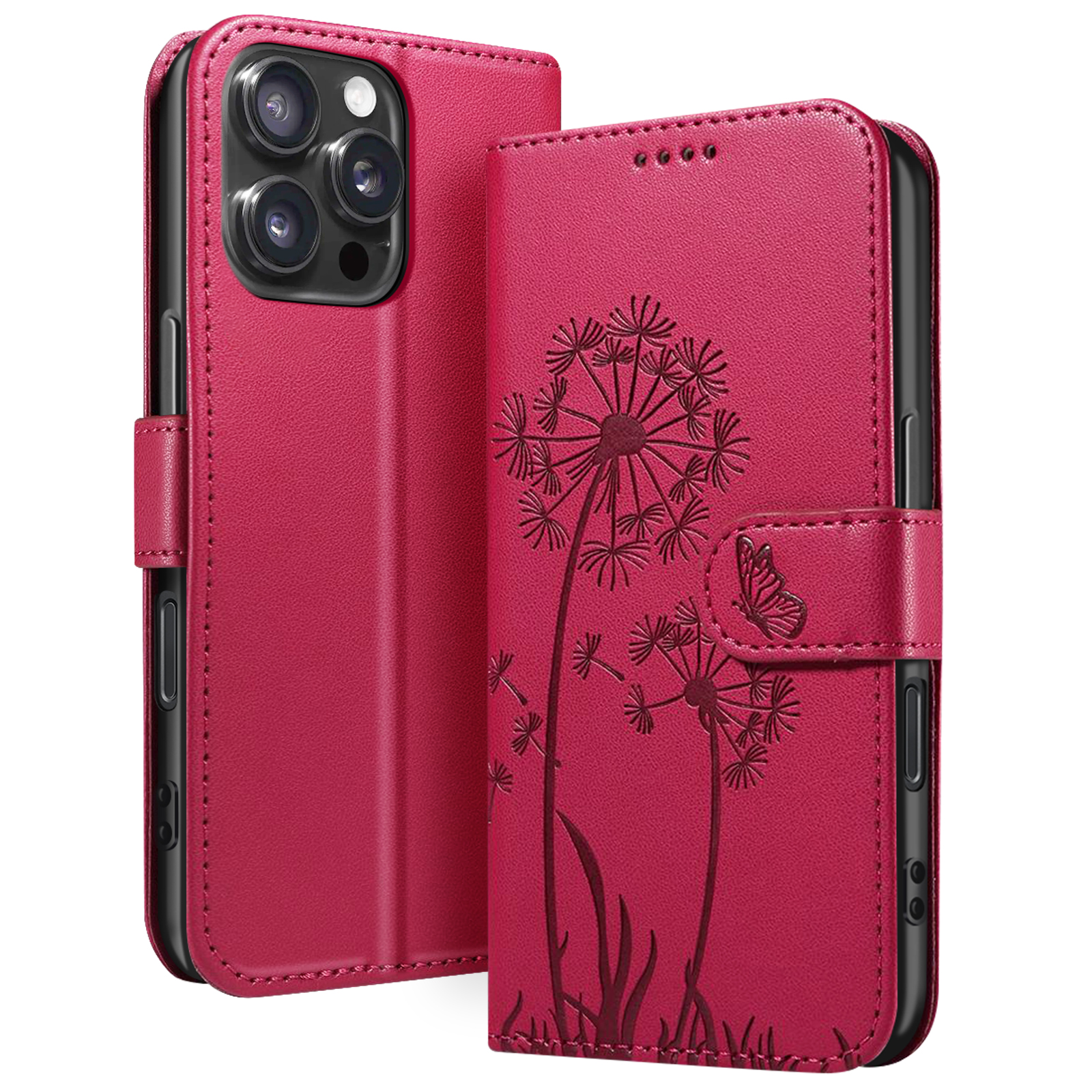 Una custodia rossa per telefono con design floreale e farfalla. Ha una chiusura magnetica e un supporto.