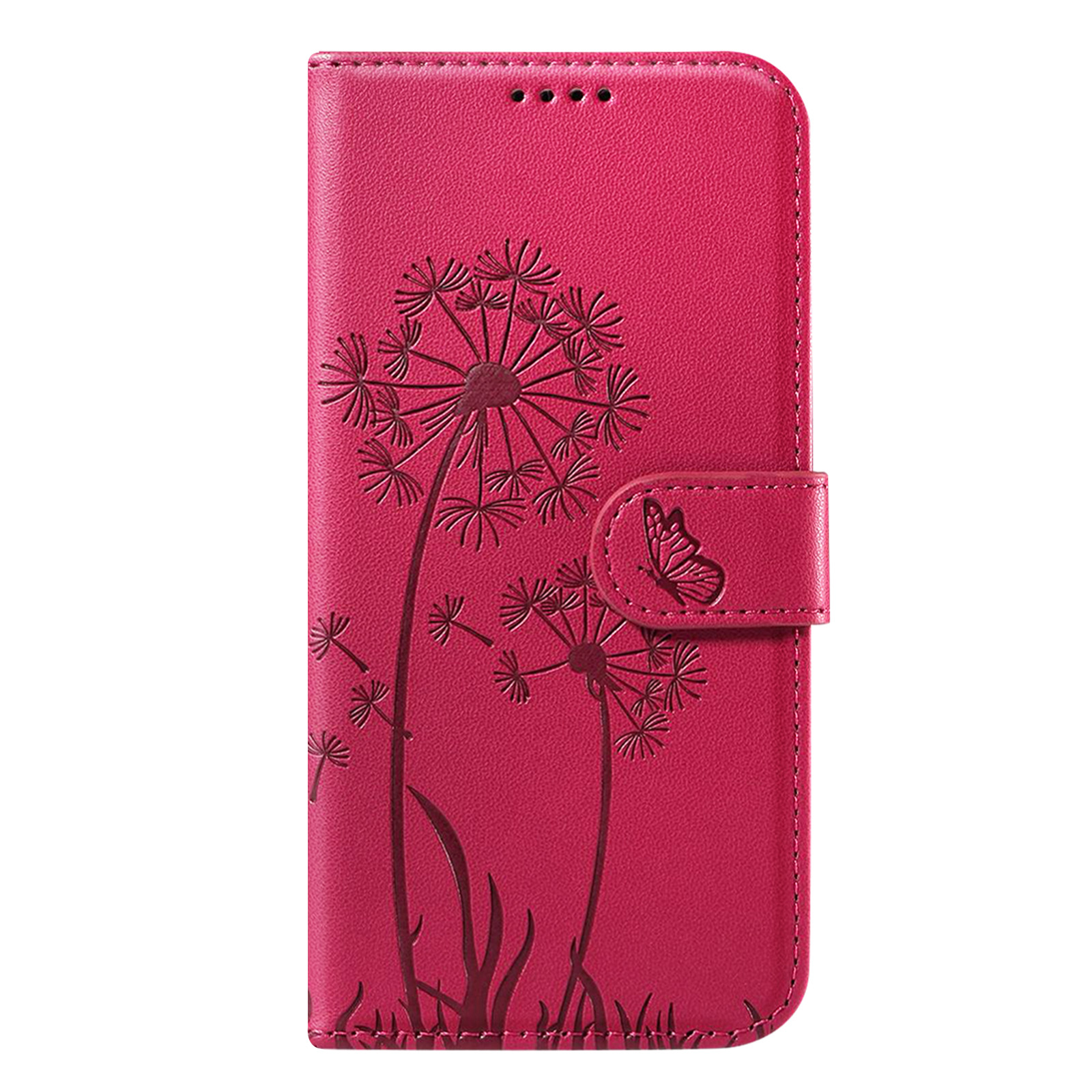 Custodia magenta per telefono con rilievi di dente di leone e farfalla.