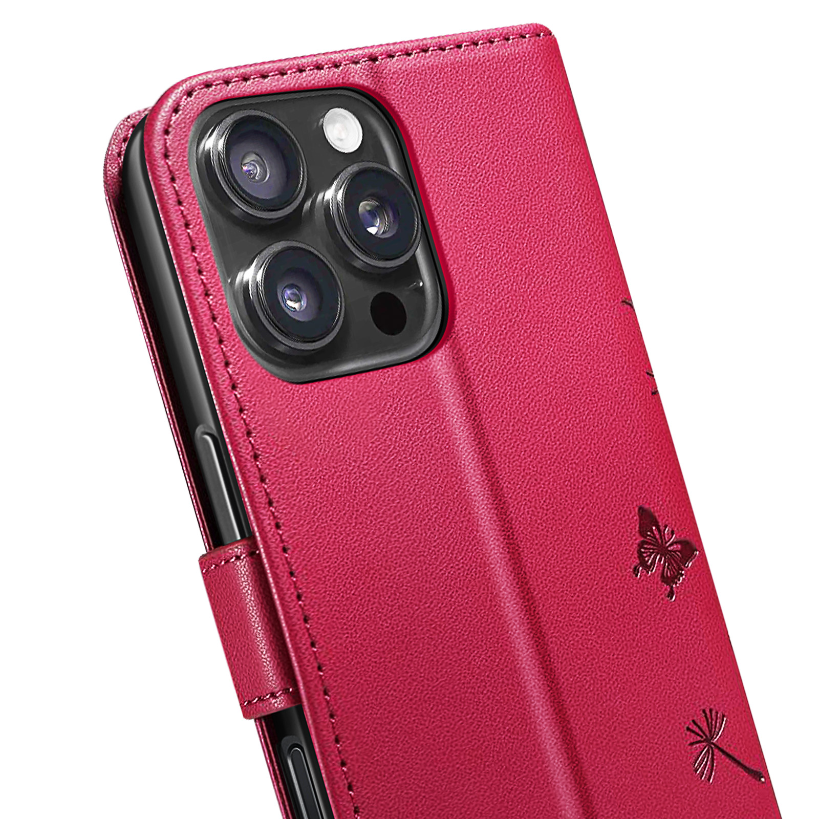 Una custodia rossa per telefono con modulo fotocamera. Ha dettagli di farfalle e fiori. La custodia è cucita.