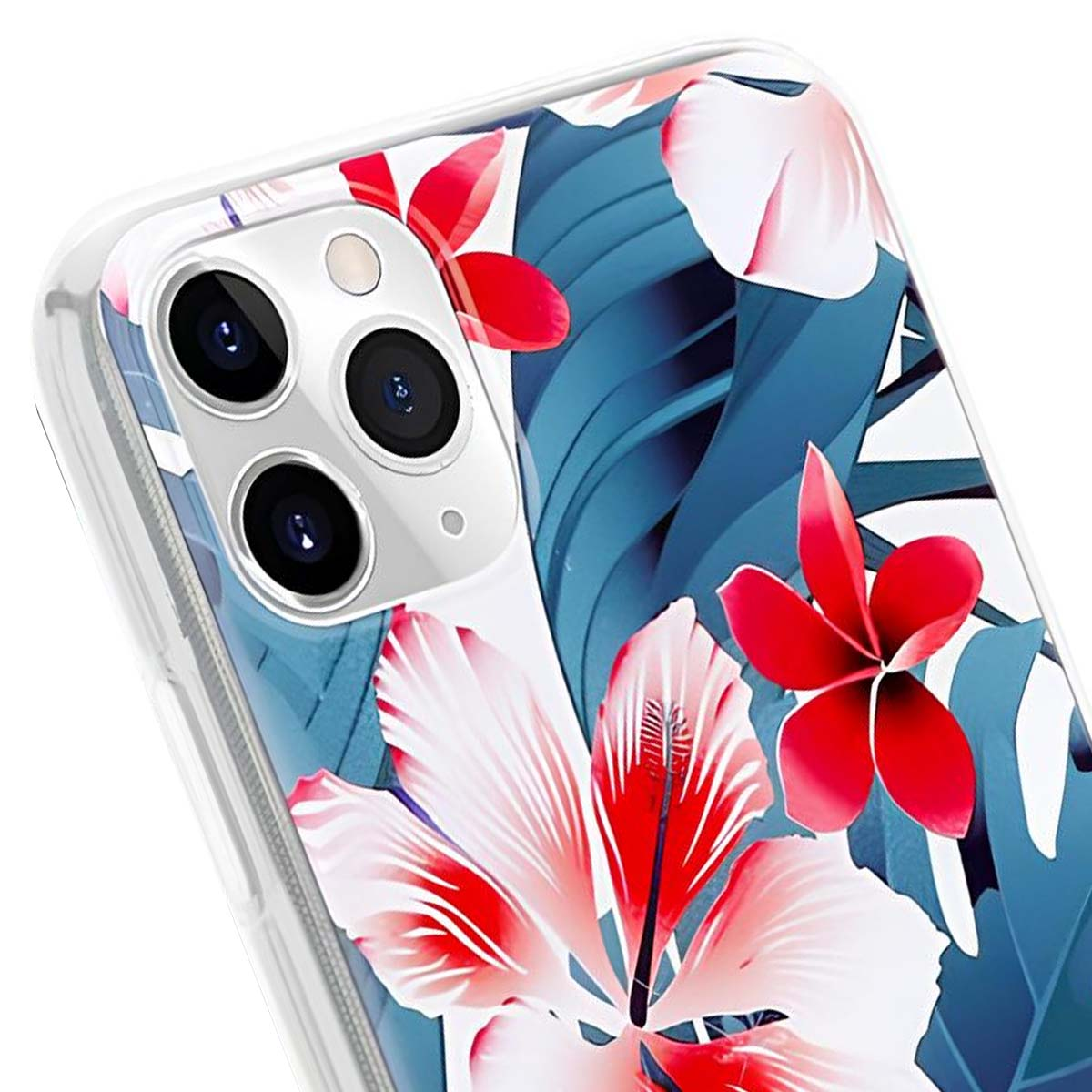 Primo piano di un telefono. La custodia ha un design floreale con fiori di ibisco rossi e bianchi su sfondo blu.