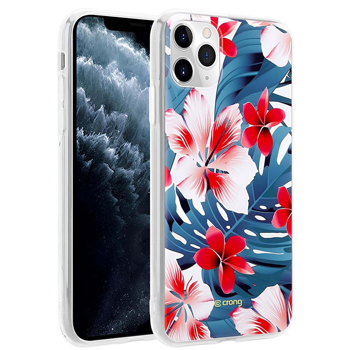 Una custodia per telefono con un design floreale. Fiori di ibisco rossi e foglie blu. Il telefono è visibile.