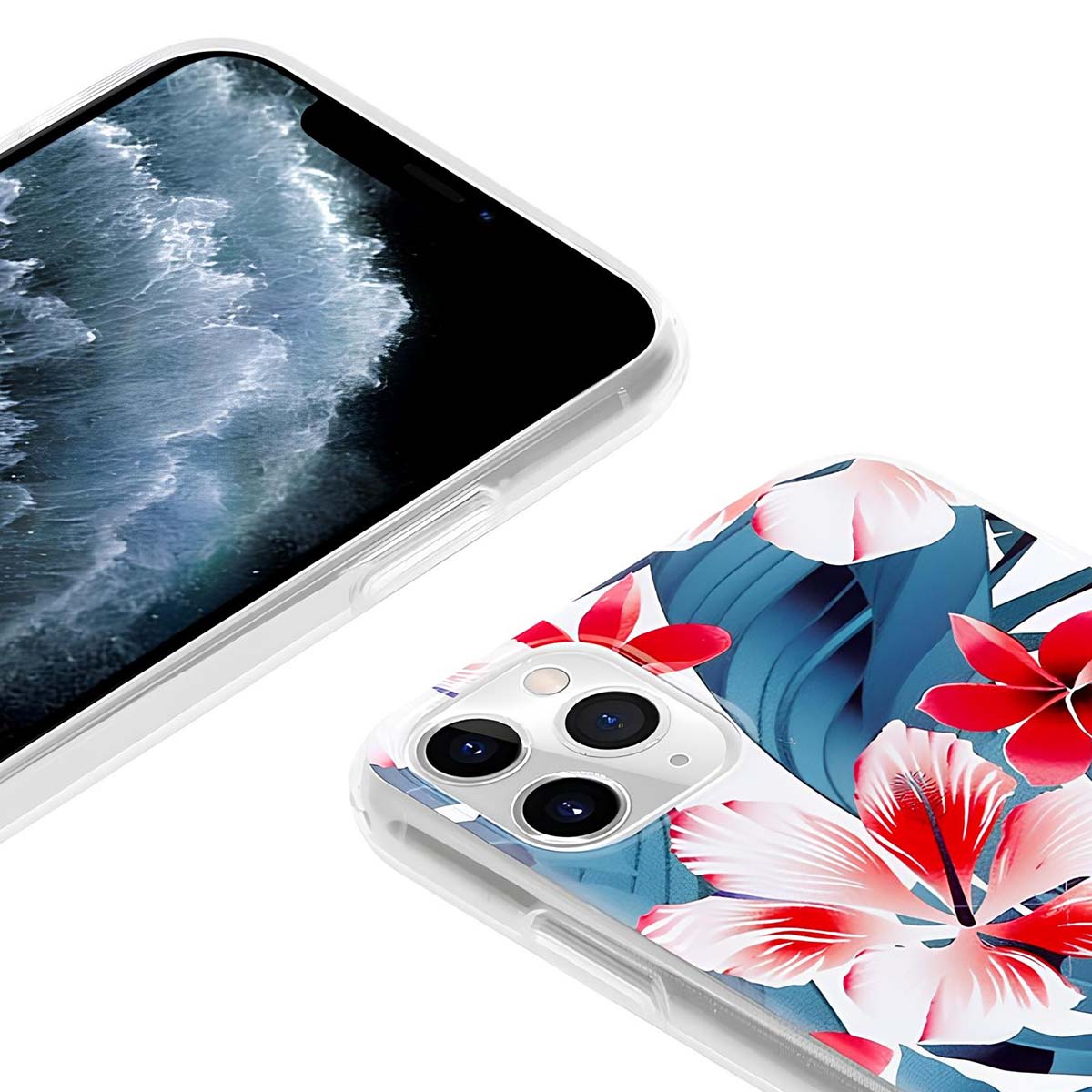 Due smartphone. Uno mostra un motivo ad acqua blu. L'altro ha un design floreale con fiori rossi su sfondo blu e bianco.