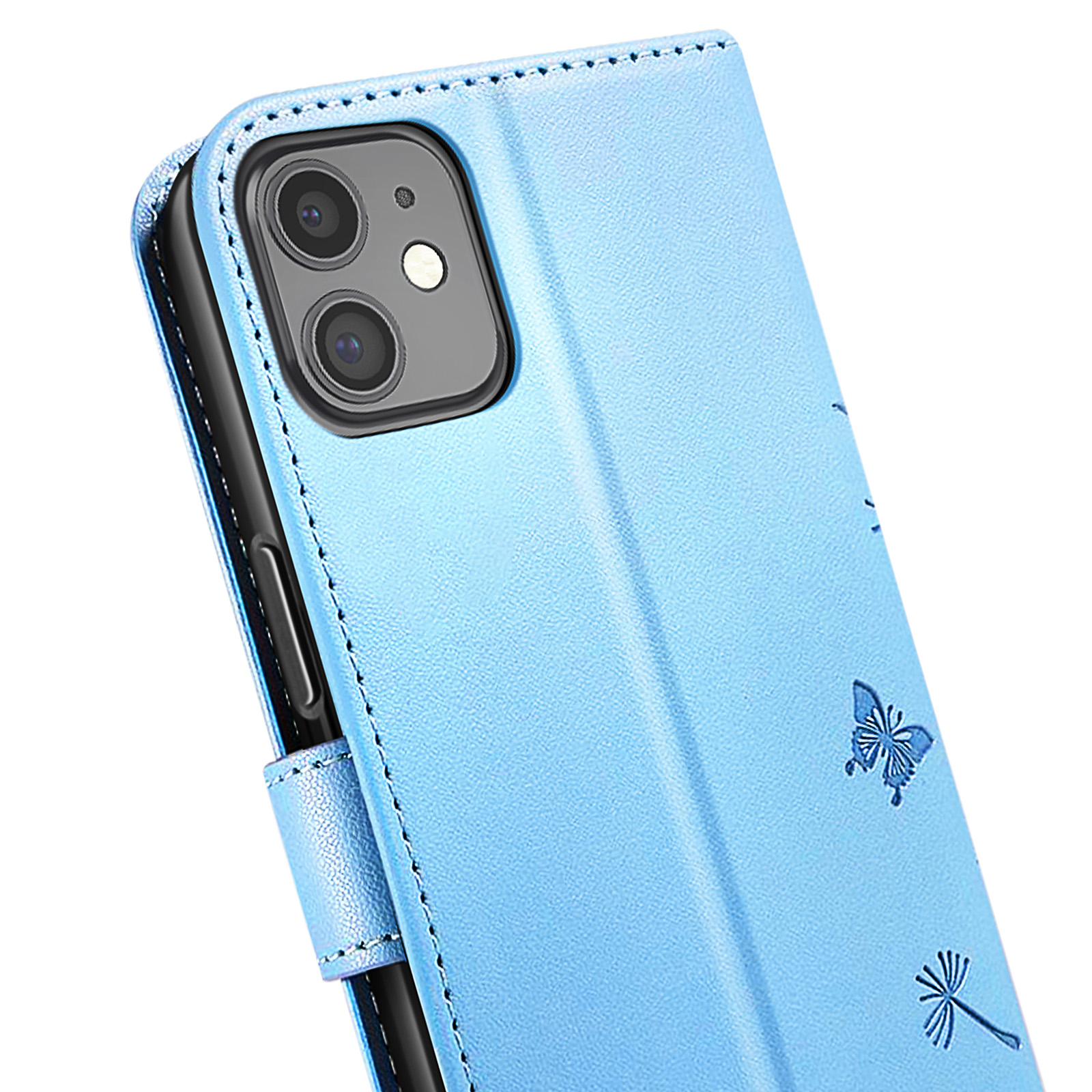Una custodia per telefono azzurra con un design a farfalla, che tiene un telefono con due obiettivi.