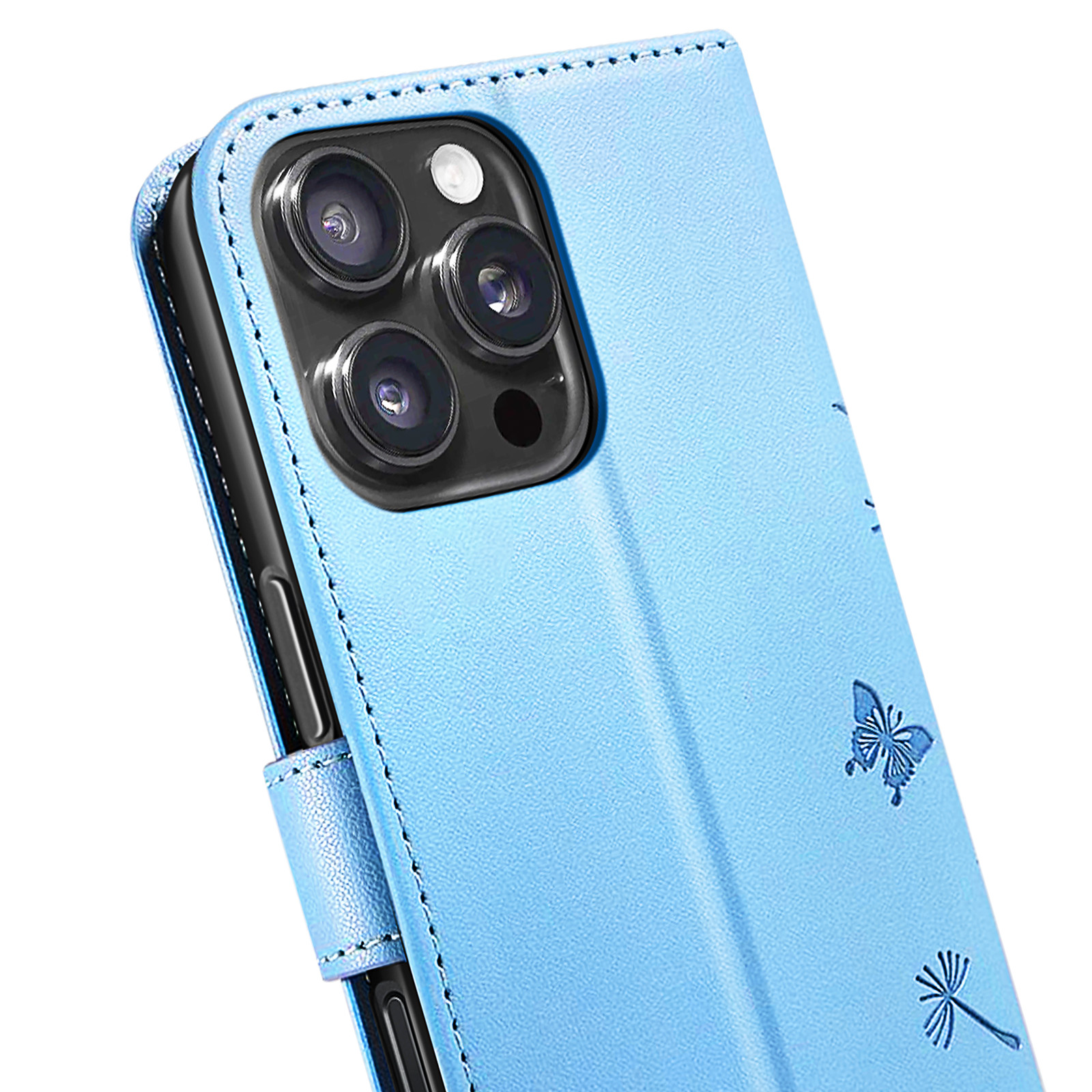 Custodia blu per telefono con più obiettivi e motivo a farfalla. La custodia è dettagliata con cuciture.