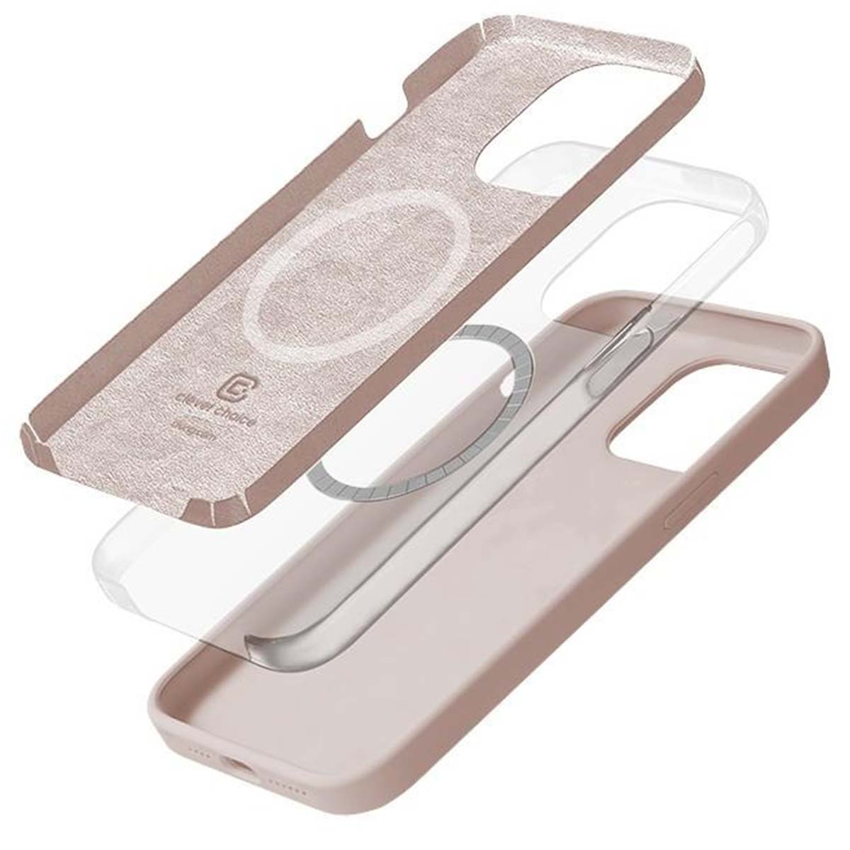 Custodia per telefono a tre strati. Lo strato superiore è beige con un logo, quello centrale è trasparente, quello inferiore è rosa chiaro.