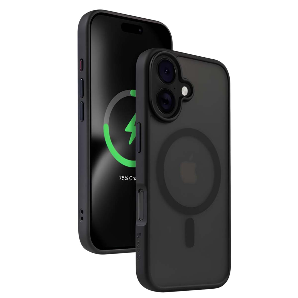 Due iPhone neri, uno in carica. Un telefono è in custodia. Lo schermo mostra un simbolo di carica verde al 75%.