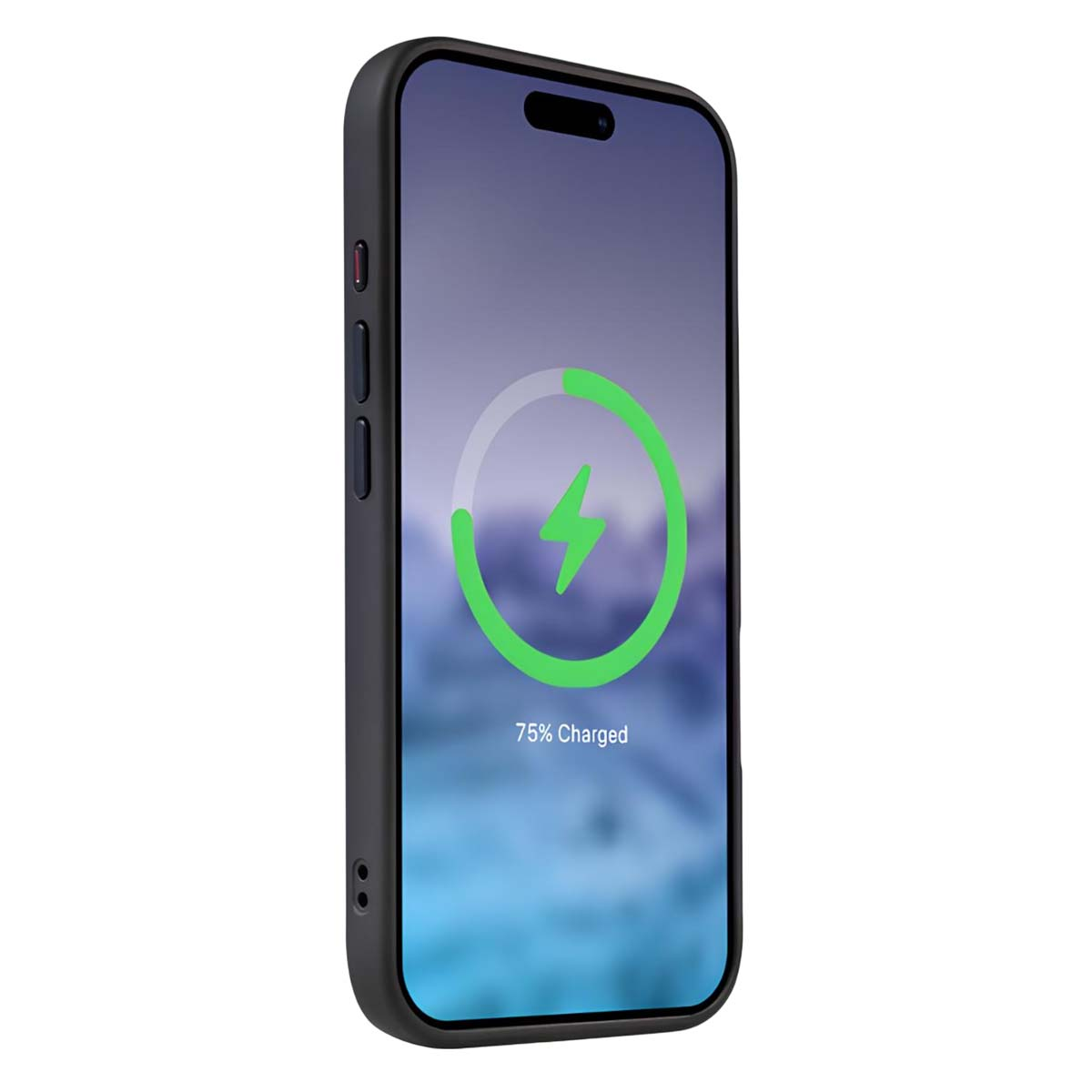 Uno smartphone nero con indicatore di carica al 75%. Lo schermo mostra un fulmine verde in un cerchio.
