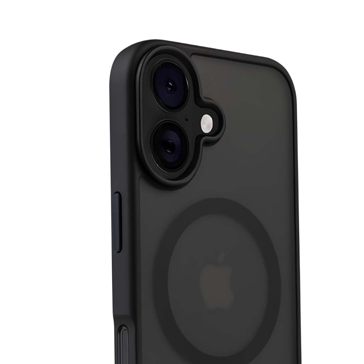 Custodia nera per telefono con due obiettivi, un flash e un logo Apple sul retro. Lo sfondo è bianco.