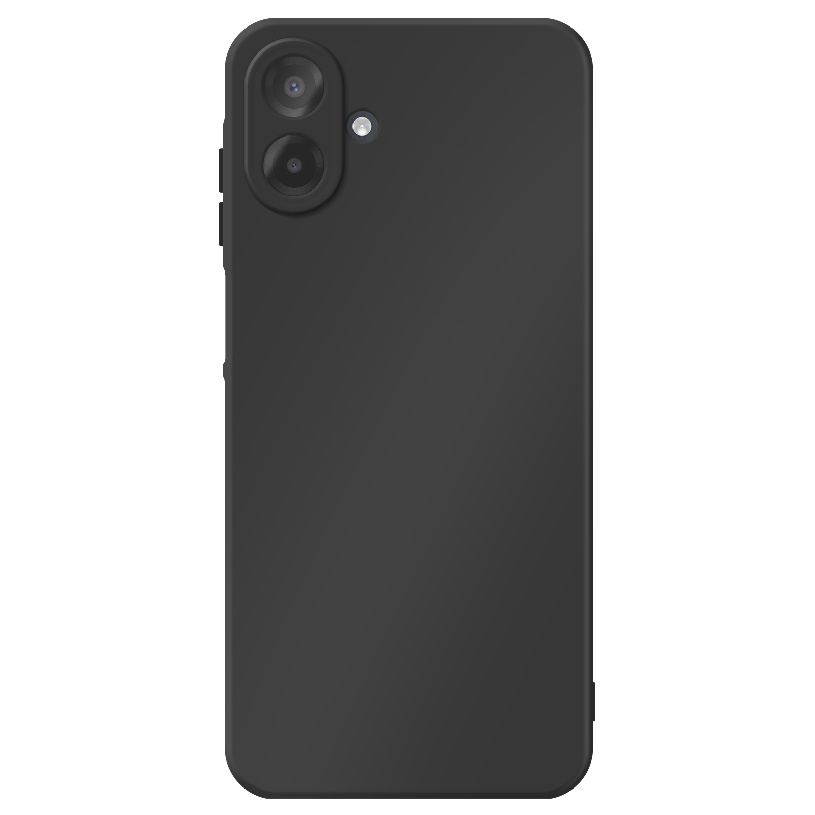 Uno smartphone nero con due obiettivi e un flash in alto a sinistra, un retro semplice e uno sfondo bianco.