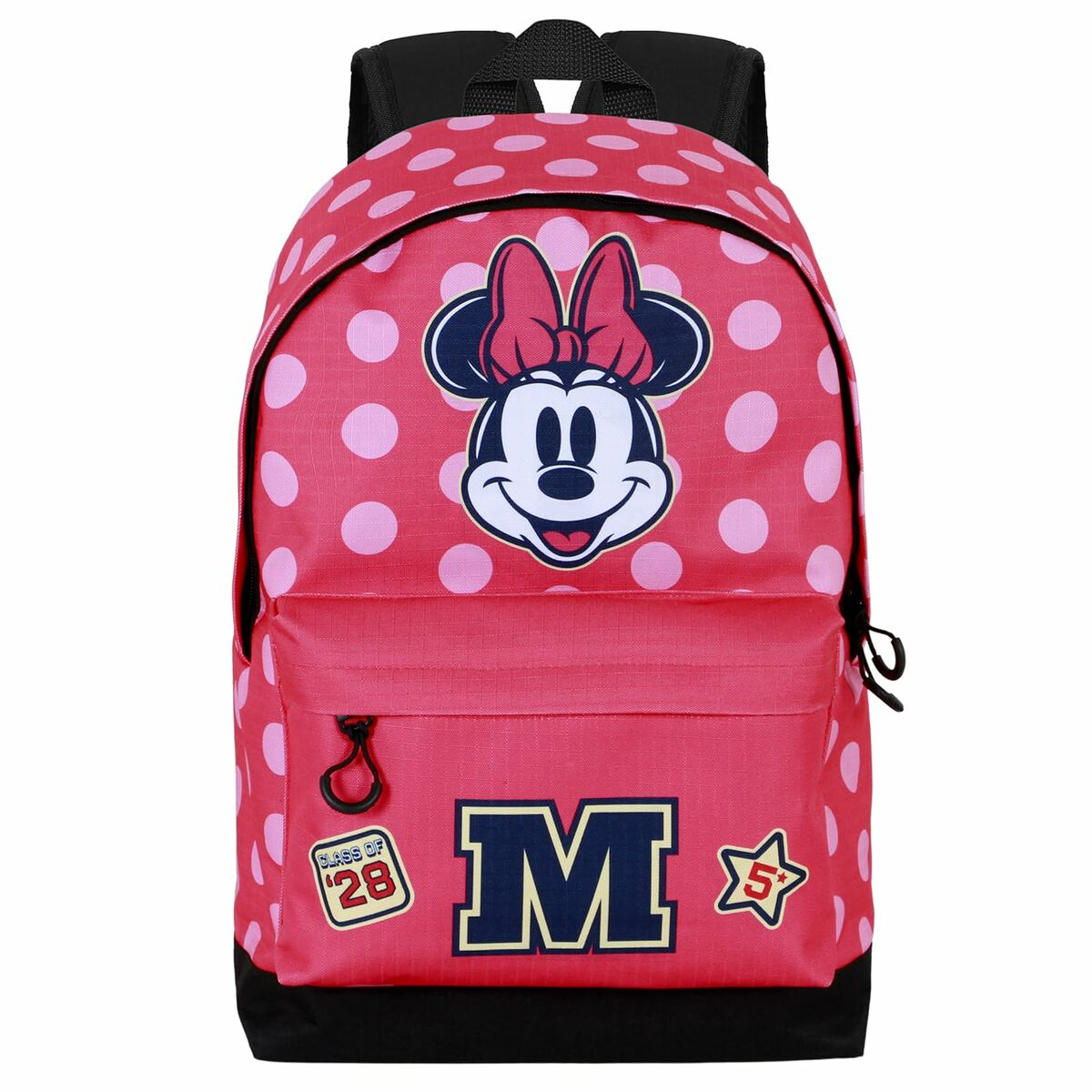 Rosa Rucksack mit weißen Punkten und Minnie Mouse. Enthält 'M'-Logo, 'Class of '28'-Aufnäher und Stern. Schwarze Träger und Boden.