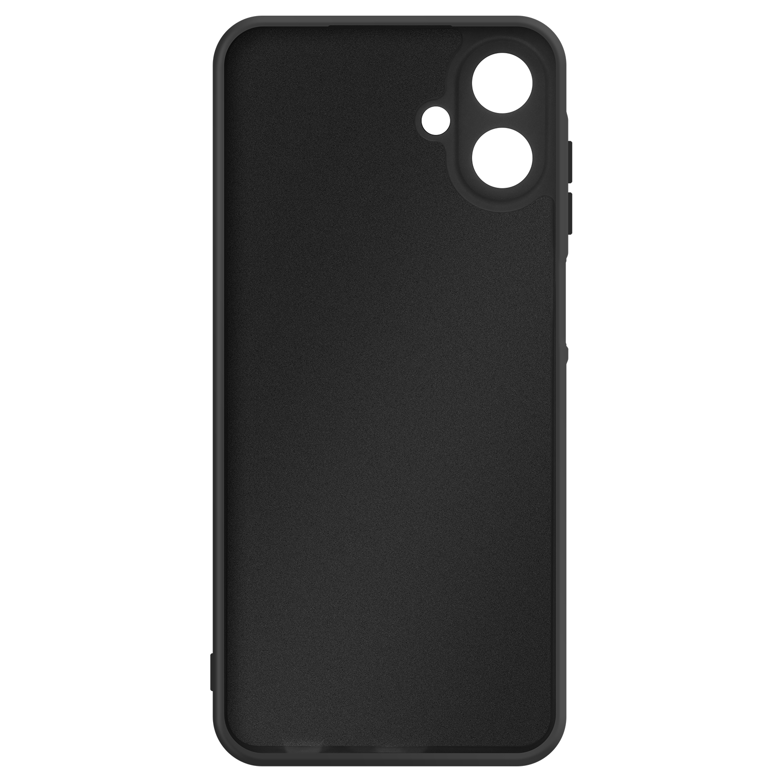 Custodia nera per telefono con fori per fotocamera. La trama è visibile.