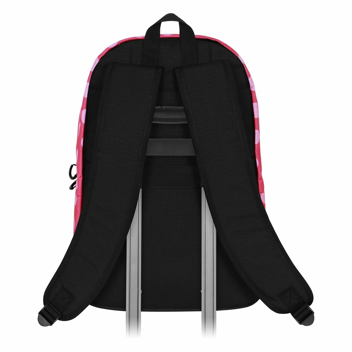 Ein rosa Rucksack mit schwarzen Trägern und Griff. Er ist auf einem Gepäckgriff montiert.