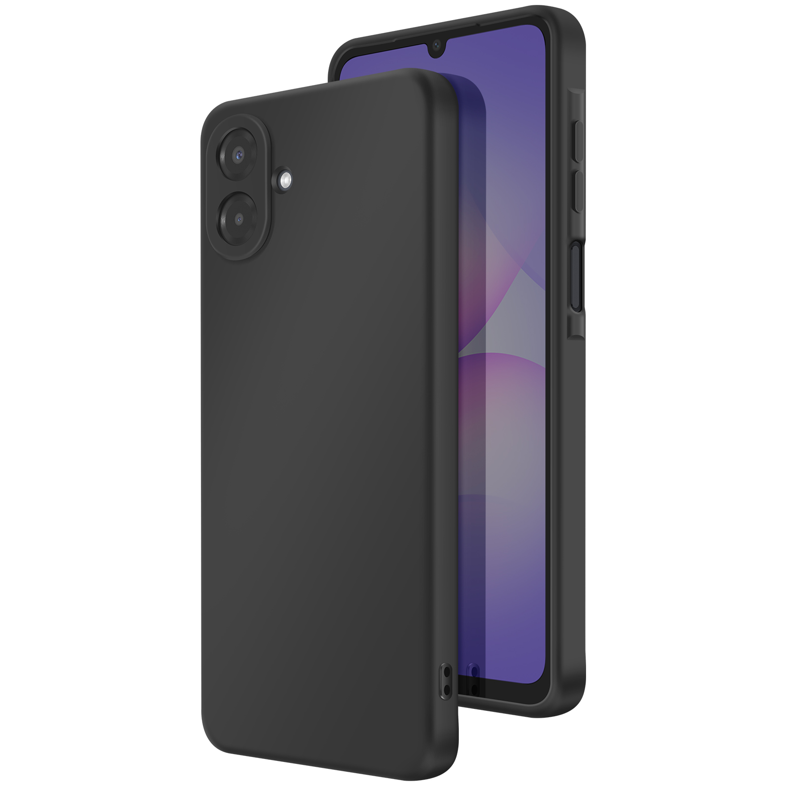 Un telefono nero in una custodia nera. Lo schermo del telefono mostra un design astratto viola e bianco.