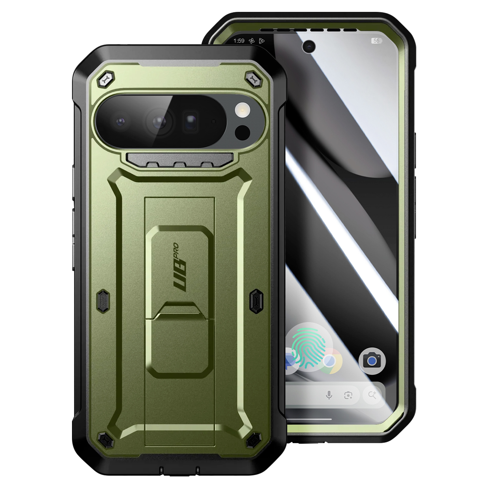 Un telefono verde con custodia protettiva. Lo schermo mostra icone. La custodia ha un supporto e protezione della fotocamera.