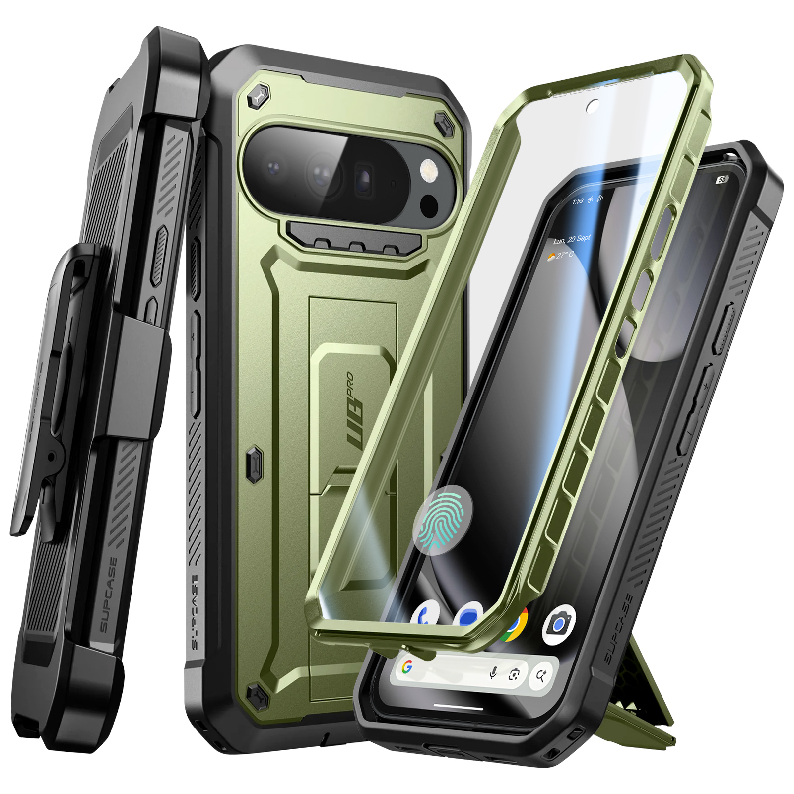 Un telefono in una custodia verde e nera con protezione schermo, angolato per mostrare schermo e caratteristiche custodia.