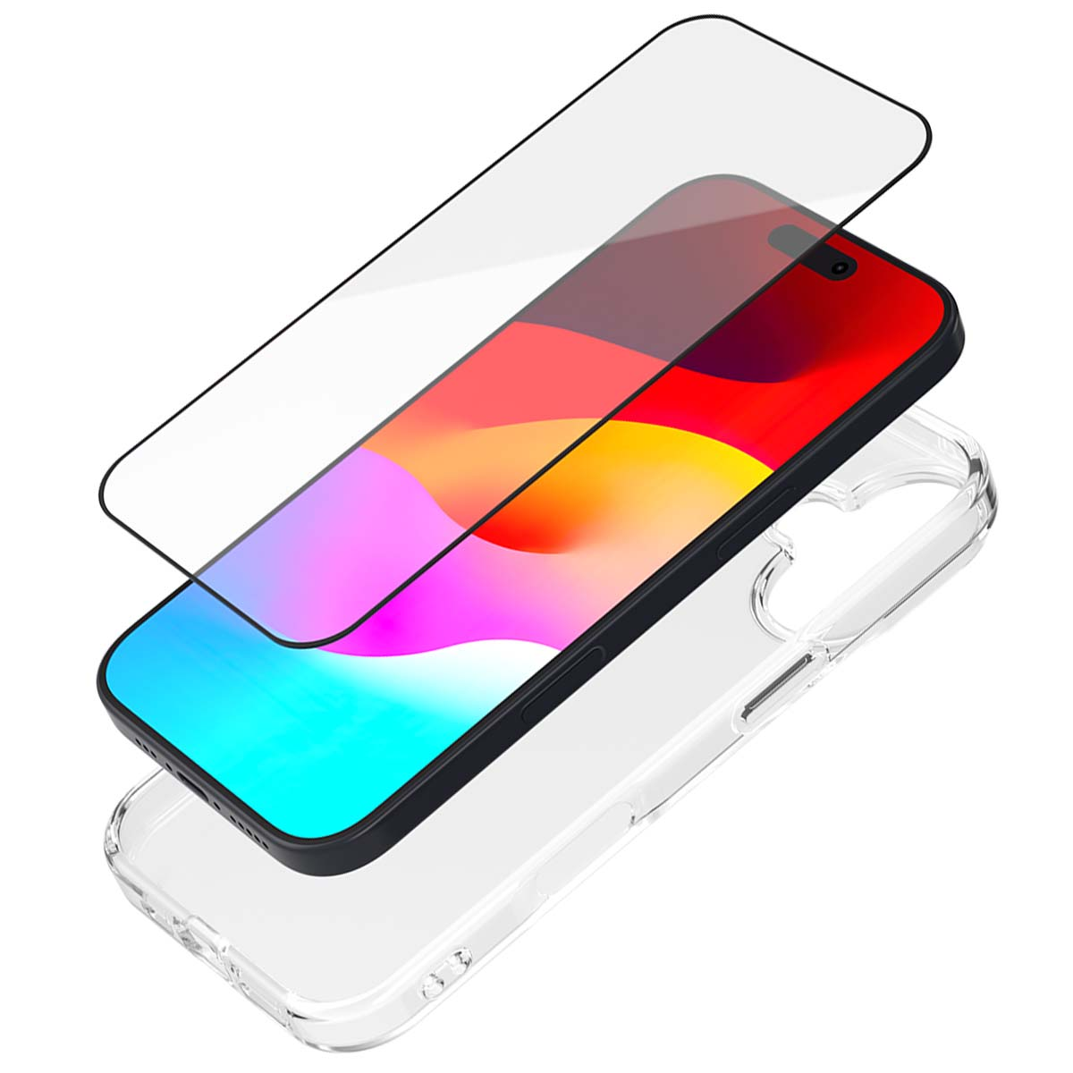 Vista esplosa di uno smartphone con protezione schermo e custodia trasparente. Lo schermo mostra colori.