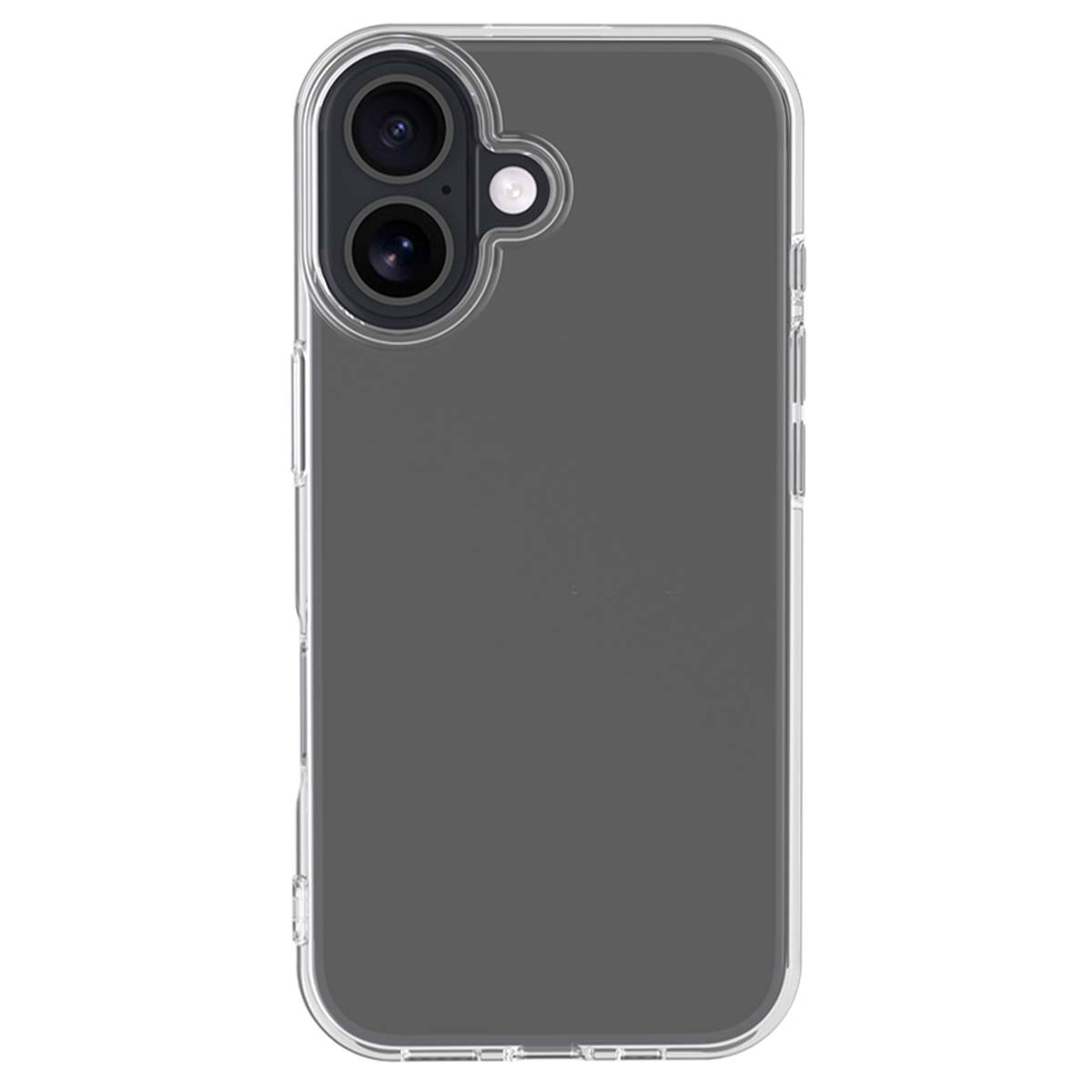 Una custodia trasparente per telefono con retro grigio. Ha un ritaglio per la fotocamera in alto a sinistra. I bordi sono trasparenti.
