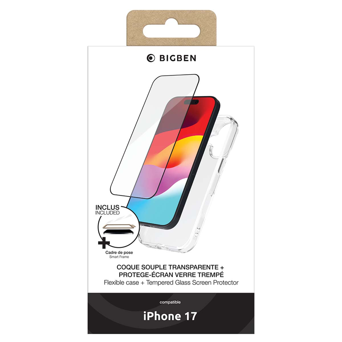 Un set di custodia e protezione schermo per iPhone 17. La confezione mostra i prodotti e il logo BigBen.