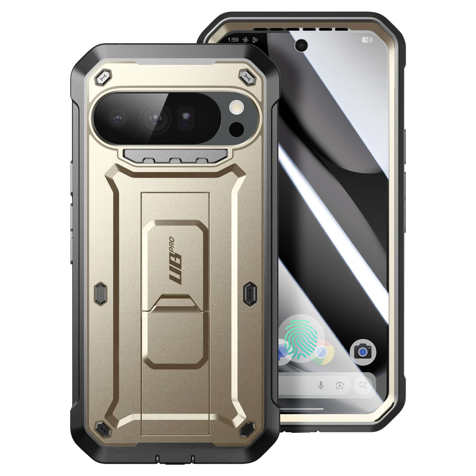 Uno smartphone in una custodia robusta oro e nera. Lo schermo mostra icone e ora. La custodia ha un supporto.