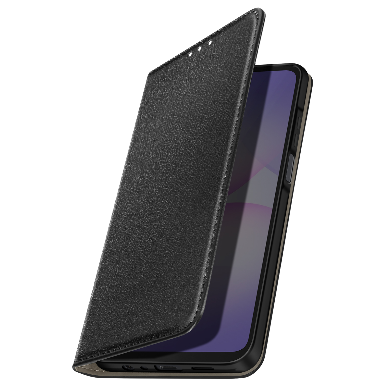 Una custodia per telefono in pelle nera è aperta, rivelando lo schermo di uno smartphone. La custodia è dettagliata e strutturata.