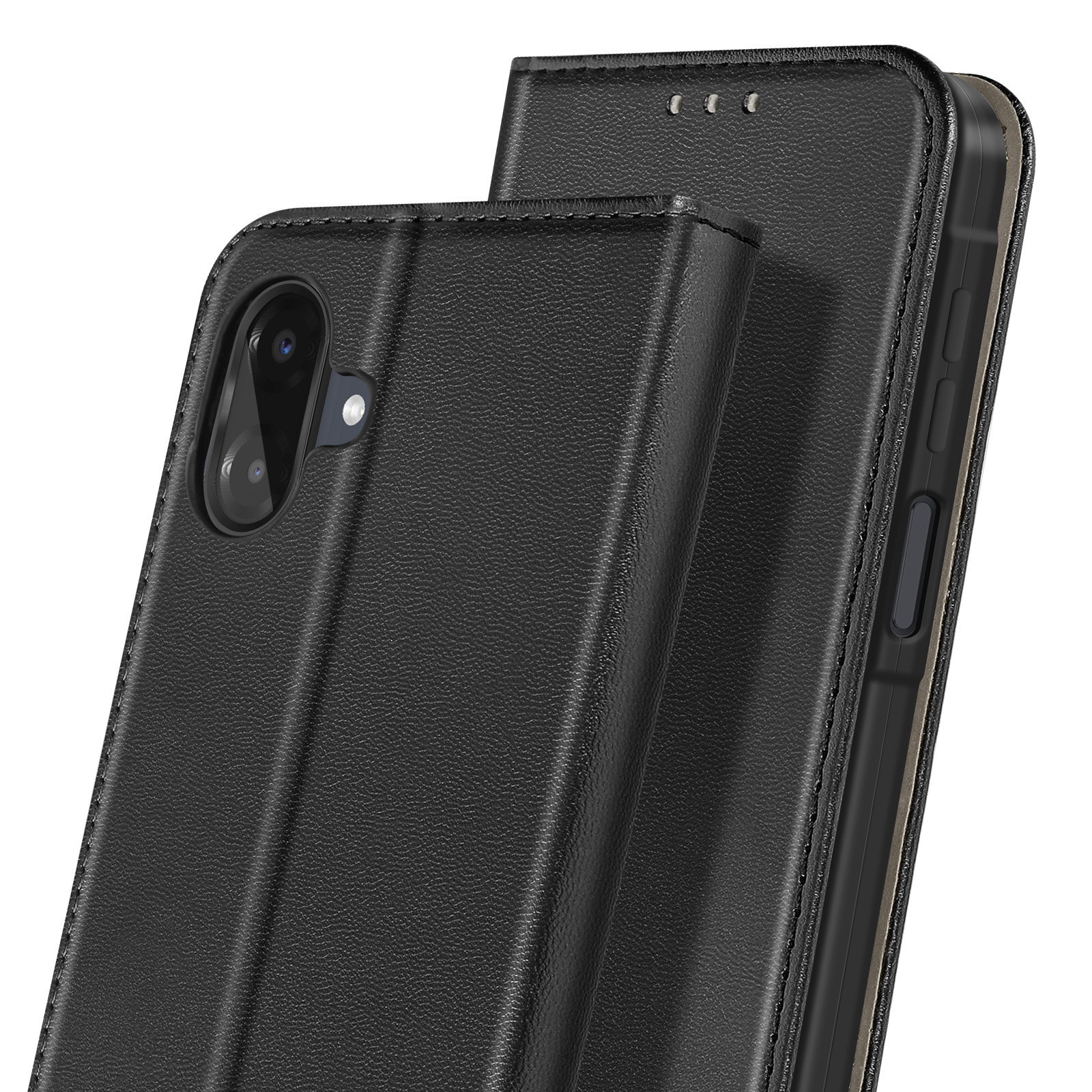 Primo piano di una custodia per telefono nera, parzialmente aperta, che rivela una fotocamera del telefono. La custodia ha una superficie strutturata.