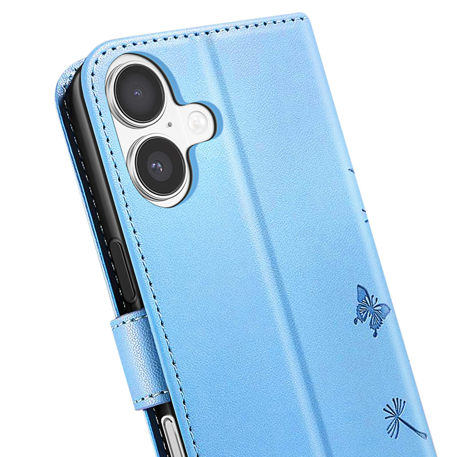 Custodia blu per telefono con due fotocamere, farfalle e disegni di piante. La custodia è in pelle e ha cuciture.