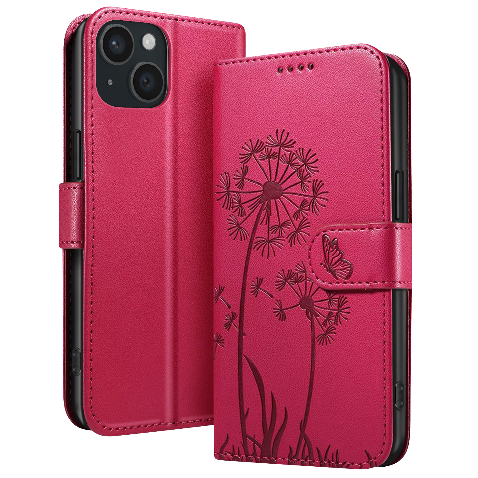 Una custodia magenta per telefono con design di dente di leone e farfalla. Ha una chiusura magnetica e un supporto per telefono.
