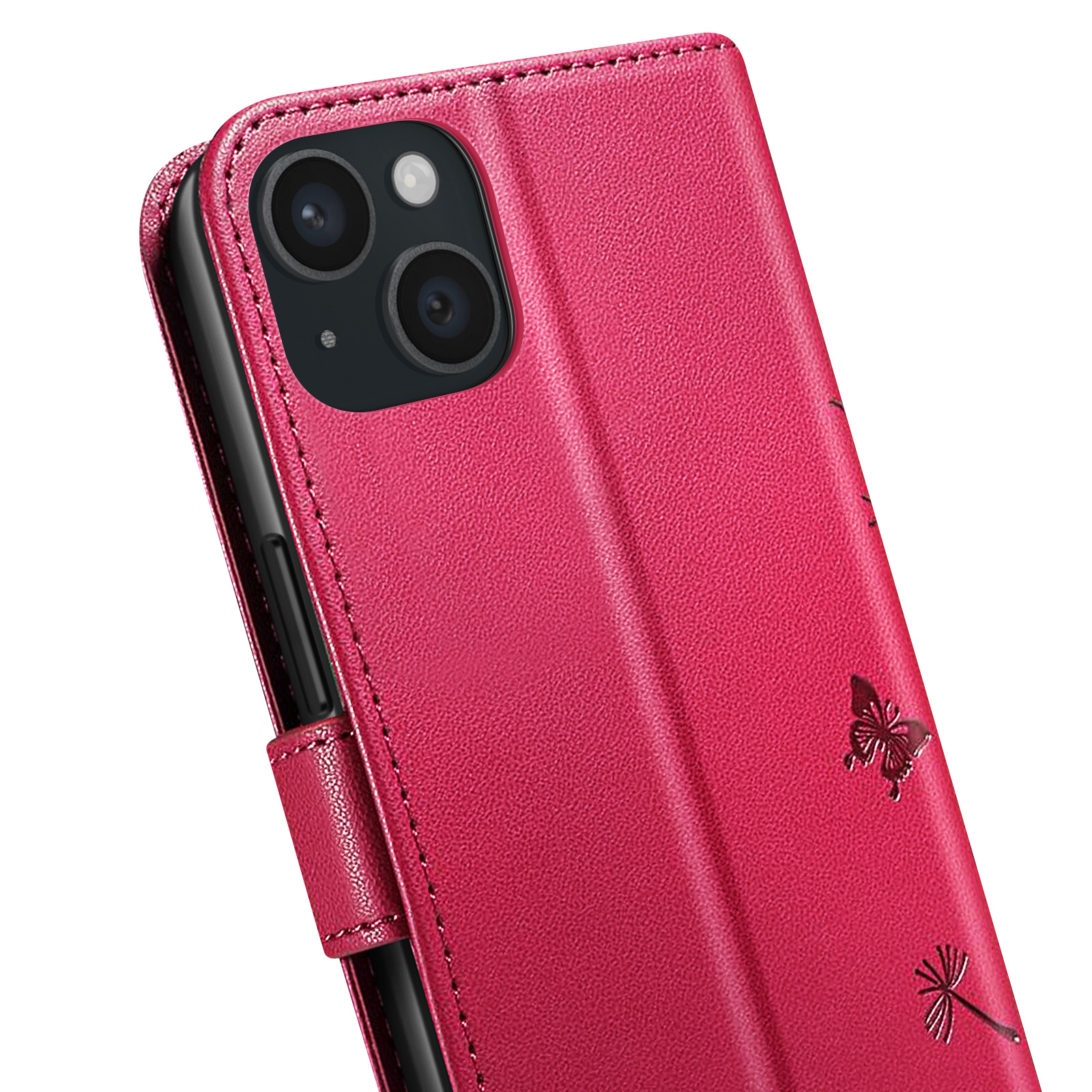 Un primo piano di una custodia rosa per telefono con un telefono all'interno. La custodia ha un design a farfalla. Il telefono ha due fotocamere.