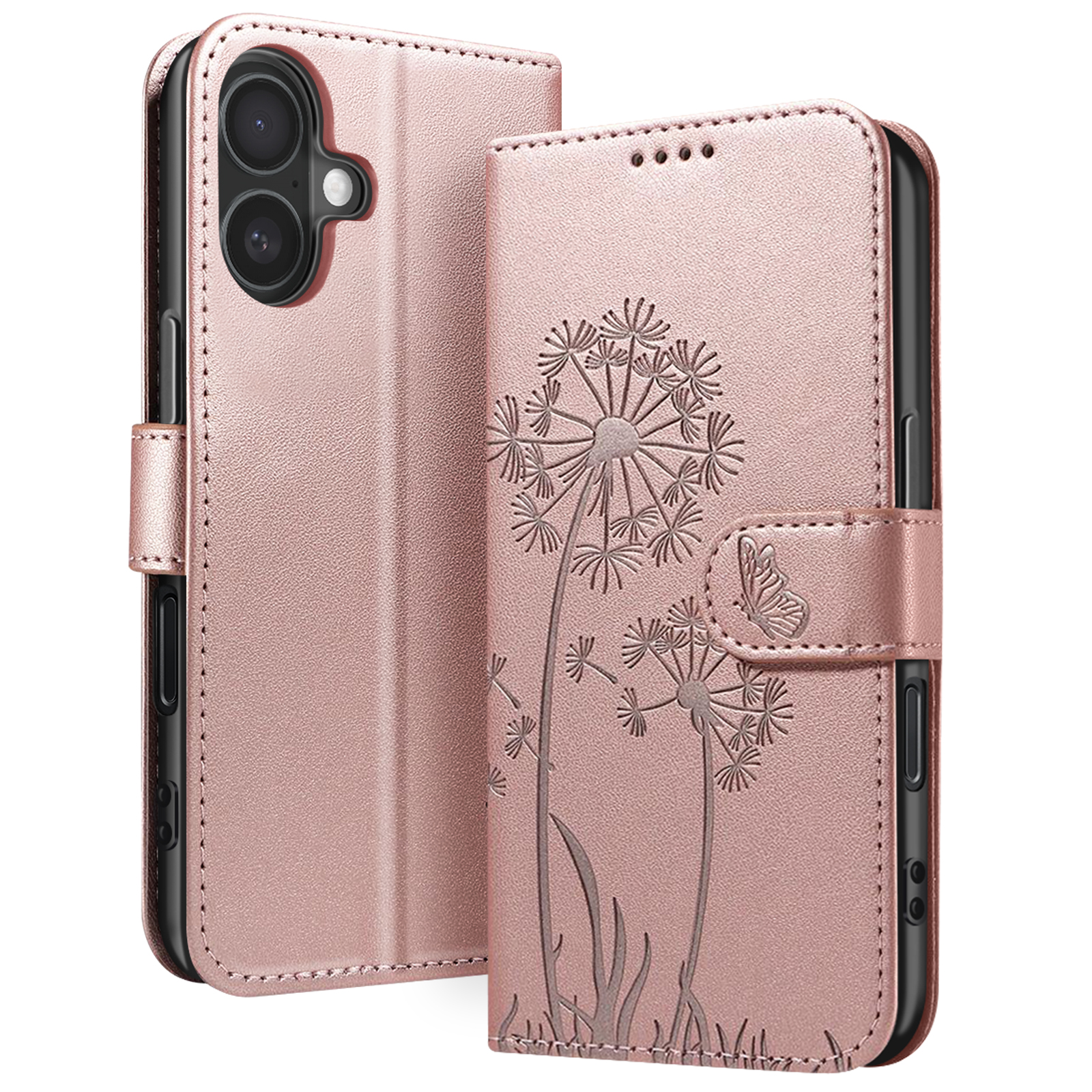 Custodia rosa per telefono con design di dente di leone, aperta. Presenta un ritaglio per la fotocamera e una chiusura magnetica.