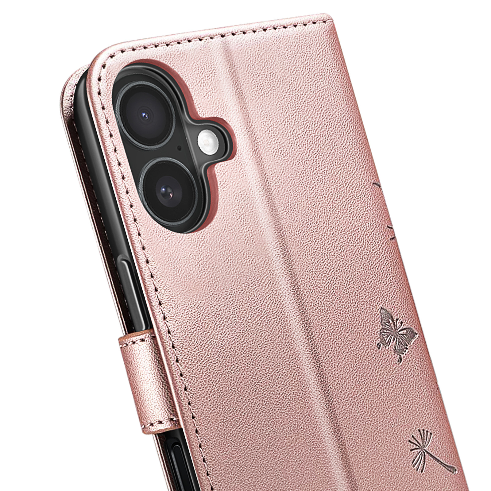 Custodia per telefono oro rosa con dettaglio fotocamera. Design a farfalla e fiore sulla cover. Cuciture sui bordi.
