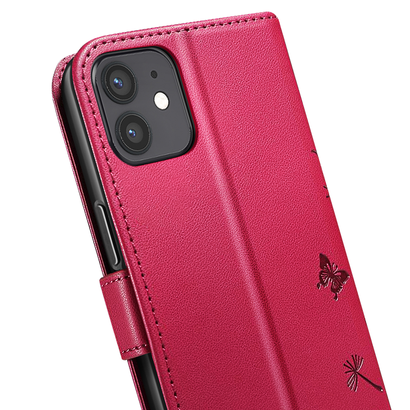 Primo piano di una custodia rossa per telefono con design a telefono e farfalla. Il telefono ha due fotocamere.
