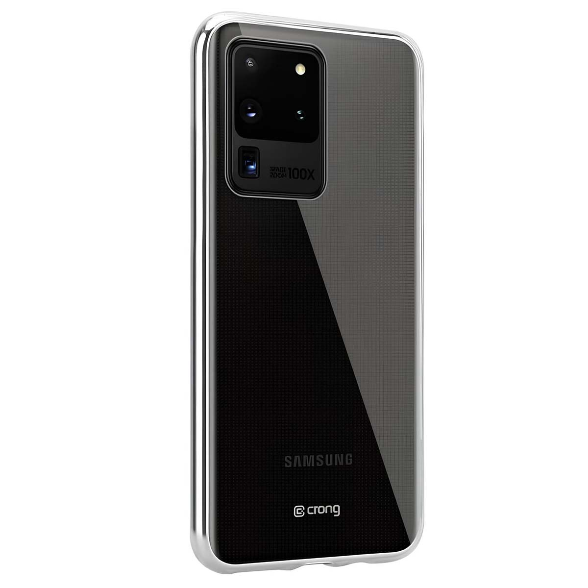 Una custodia trasparente per telefono con un telefono Samsung all'interno. Il telefono ha più fotocamere. La custodia è di Crong.