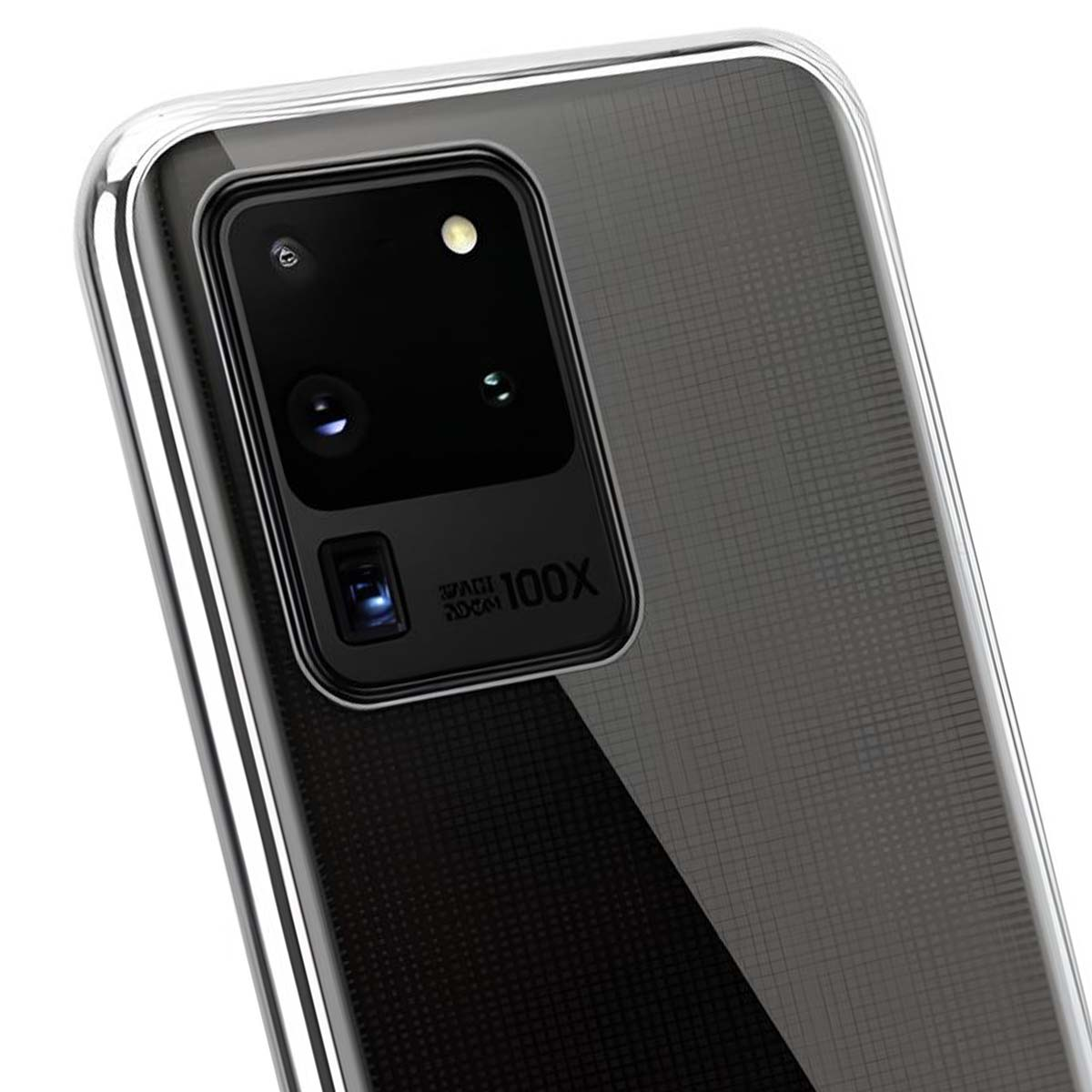 Primo piano del modulo fotocamera di un telefono, con più lenti e la scritta 'SPACE ZOOM 100X'.