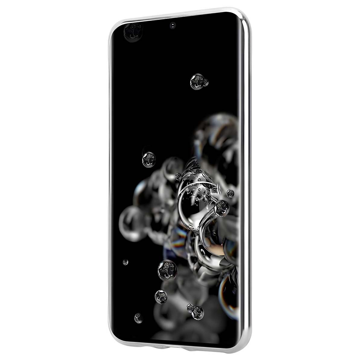 Uno smartphone con schermo nero e bolle trasparenti. Il telefono ha una cornice argentata e uno sfondo nero.