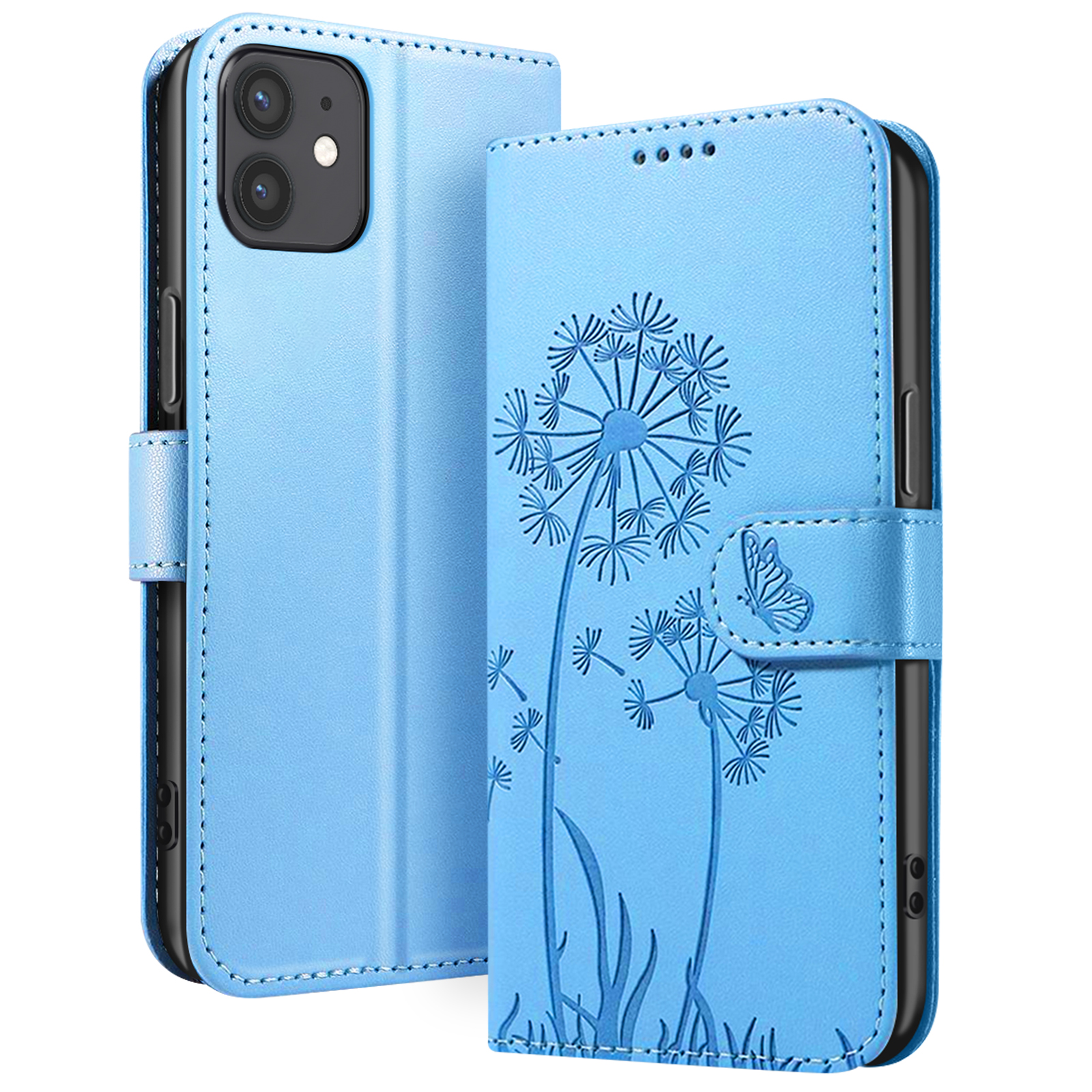 Custodia blu per telefono con design a dente di leone, aperta per mostrare il telefono. Contiene un disegno di farfalla.