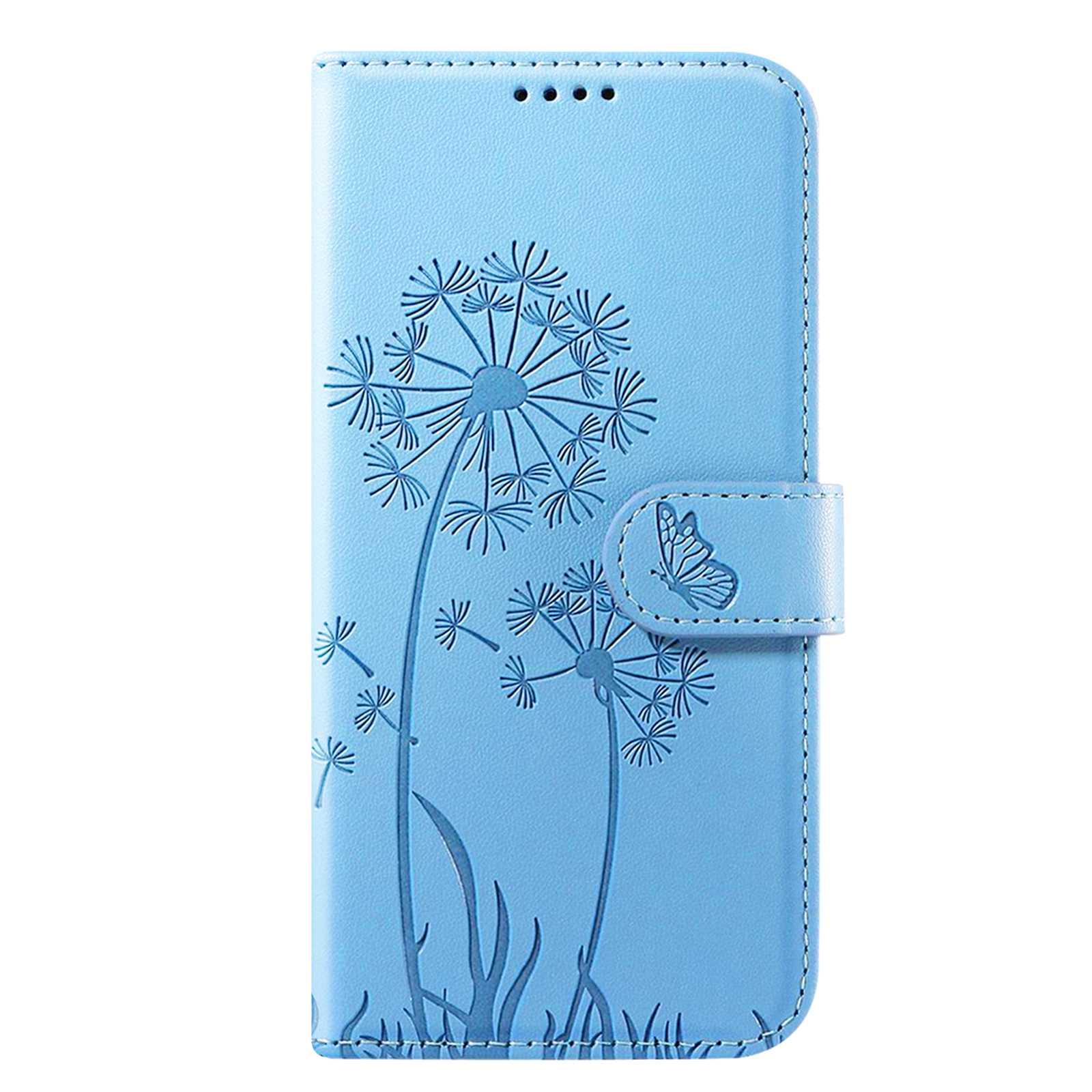 Una custodia per telefono azzurra con disegni di dente di leone e farfalla.