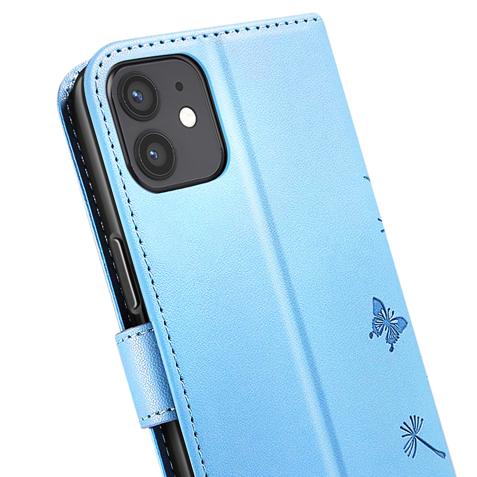 Una custodia per telefono azzurra con una farfalla e altri disegni, con una fotocamera del telefono visibile. La custodia è aperta.