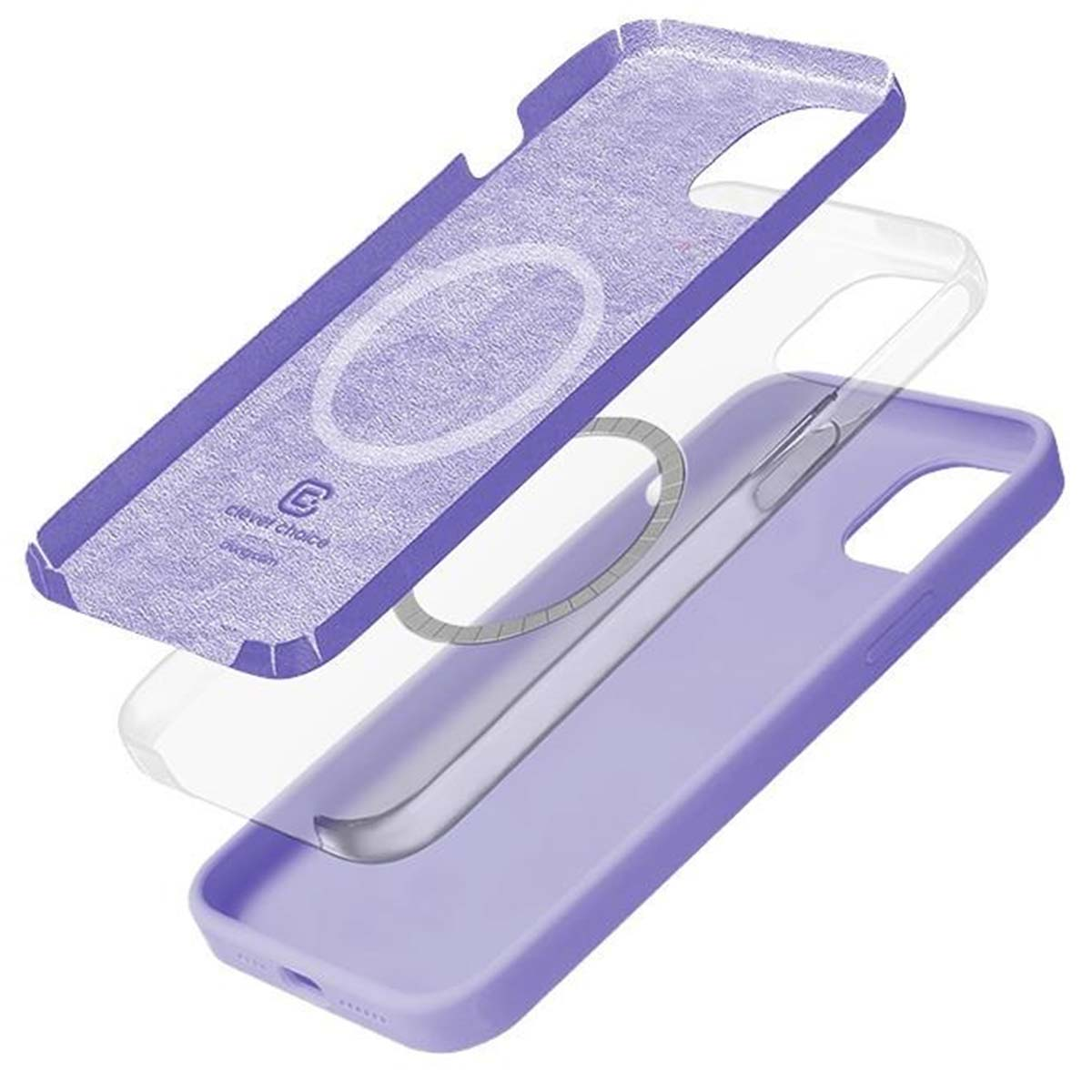 Custodia per telefono a tre strati. Gli strati sono viola, trasparenti e viola. Lo strato superiore ha il logo "clever choice" e un anello.