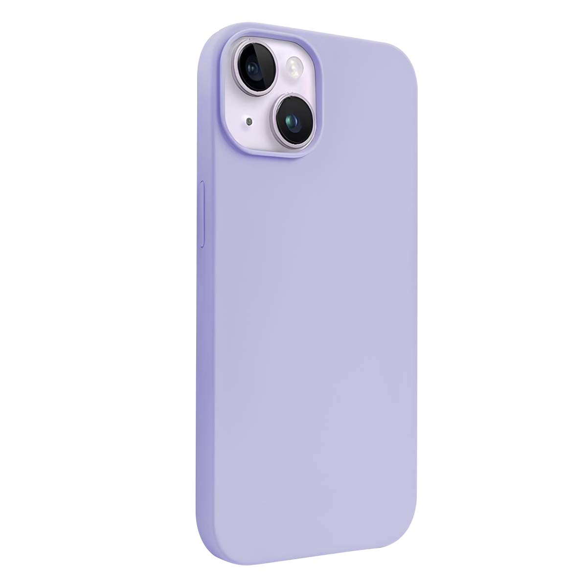 Una custodia per telefono color lavanda. La custodia ha due obiettivi e un flash. La custodia è liscia e ha bordi arrotondati.