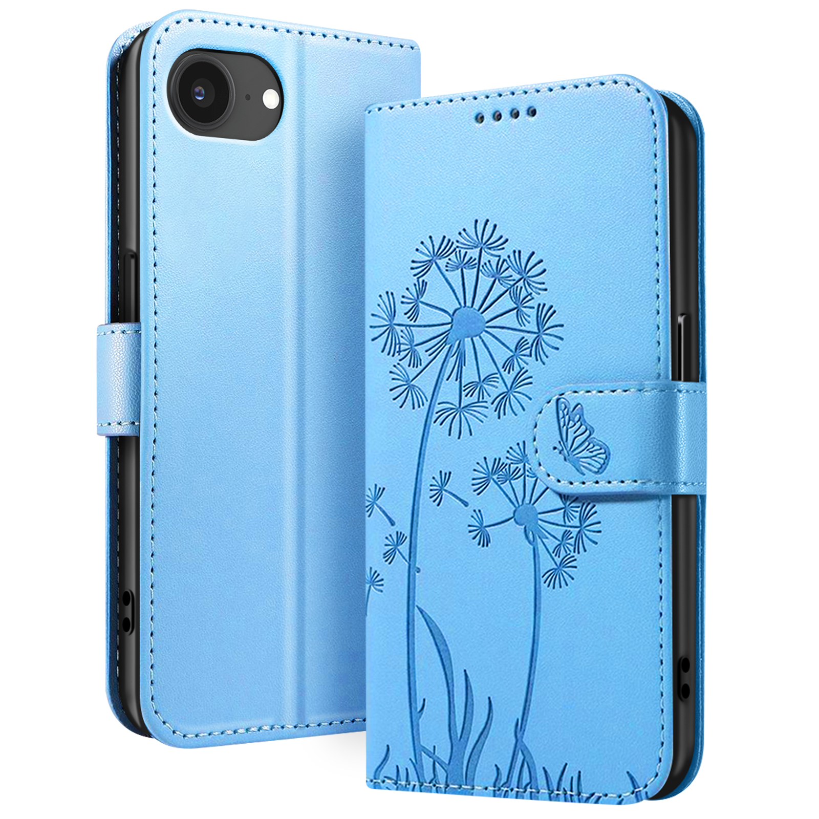 Custodia per telefono azzurra con design di tarassaco e farfalla. Aperta per mostrare il telefono. Dettagli cuciture.