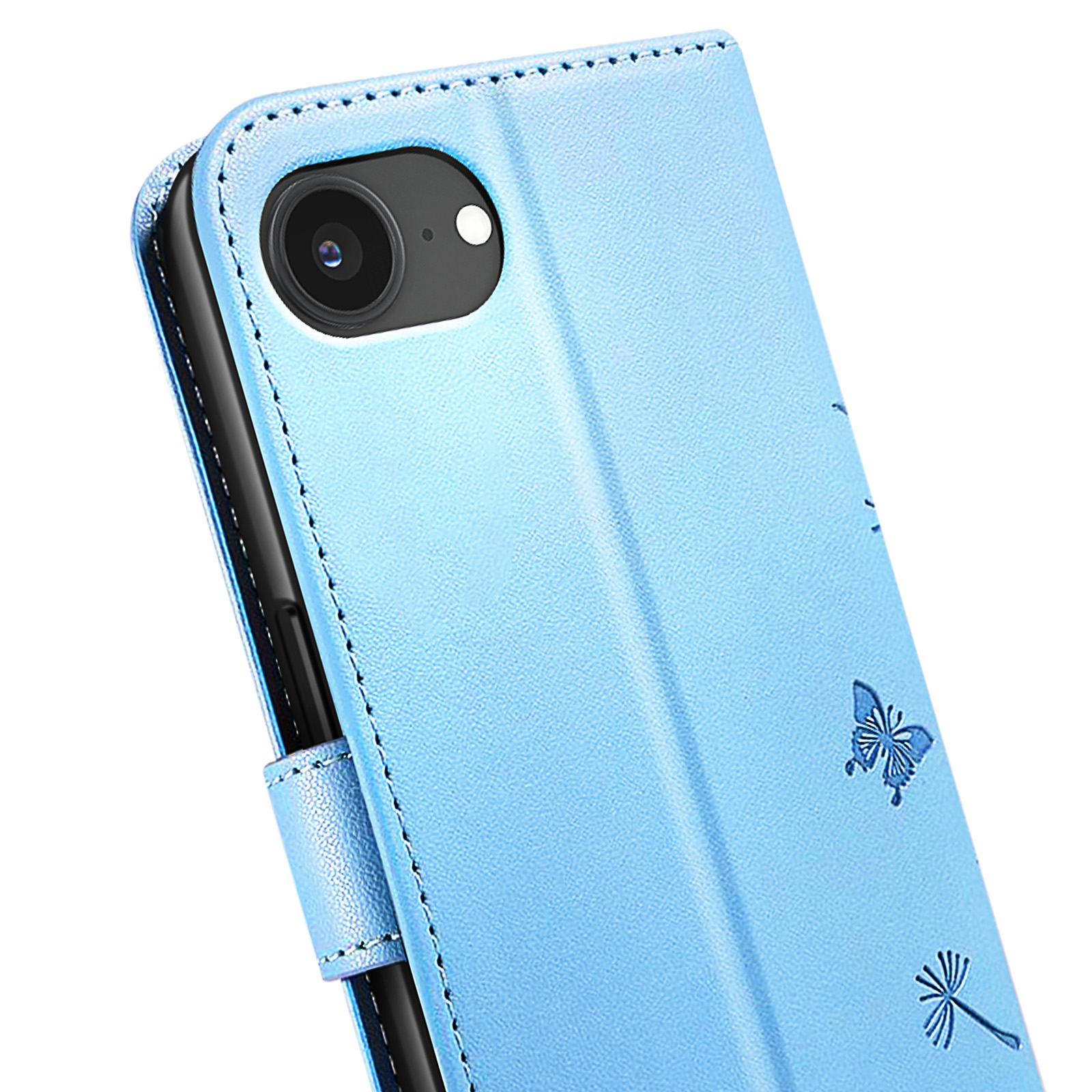 Custodia per telefono azzurra con disegni di farfalle e denti di leone, fotocamera in alto a sinistra.