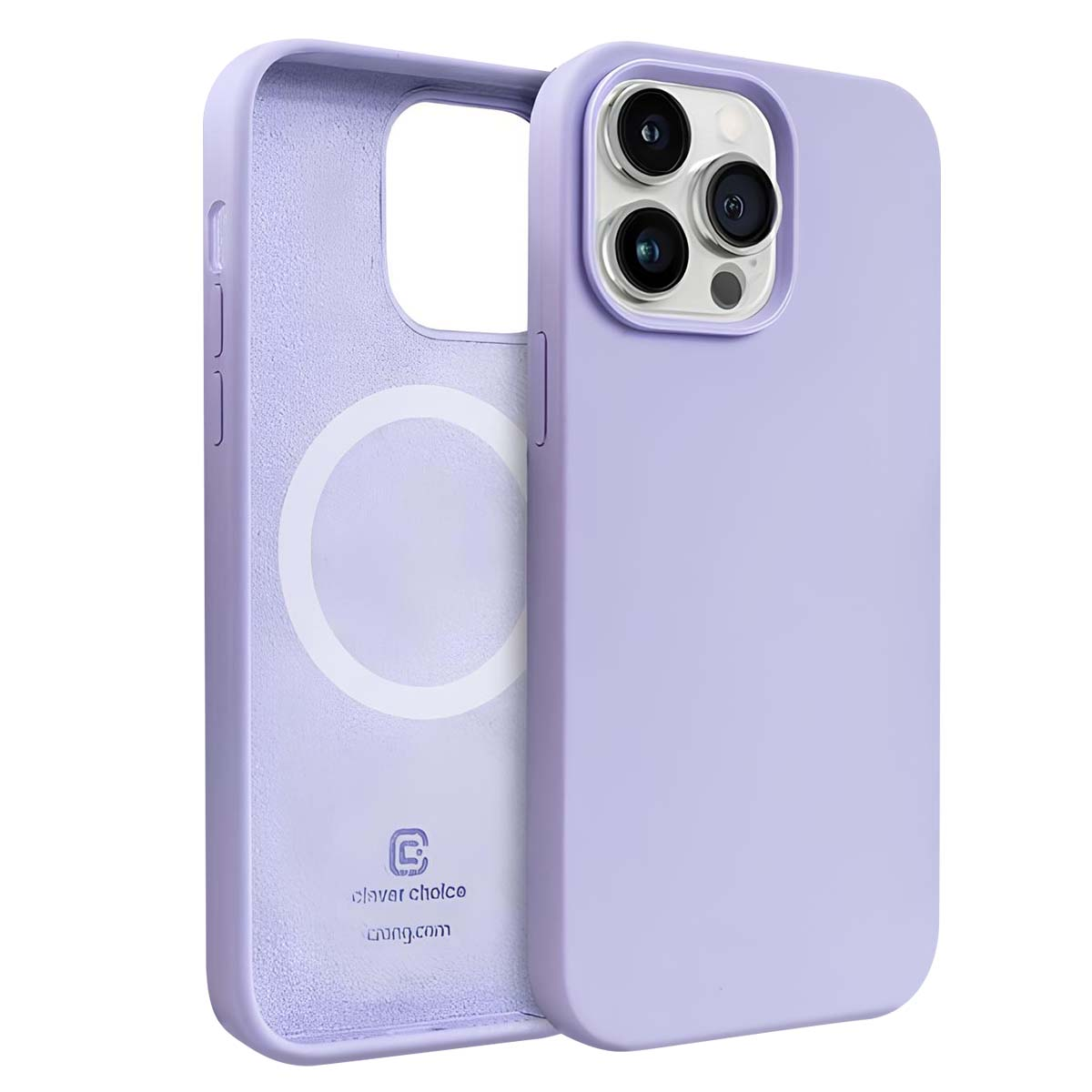 Una custodia per telefono lavanda, aperta per rivelare l'interno, con un ritaglio circolare. La custodia ha un ritaglio per la fotocamera e il nome del marchio.