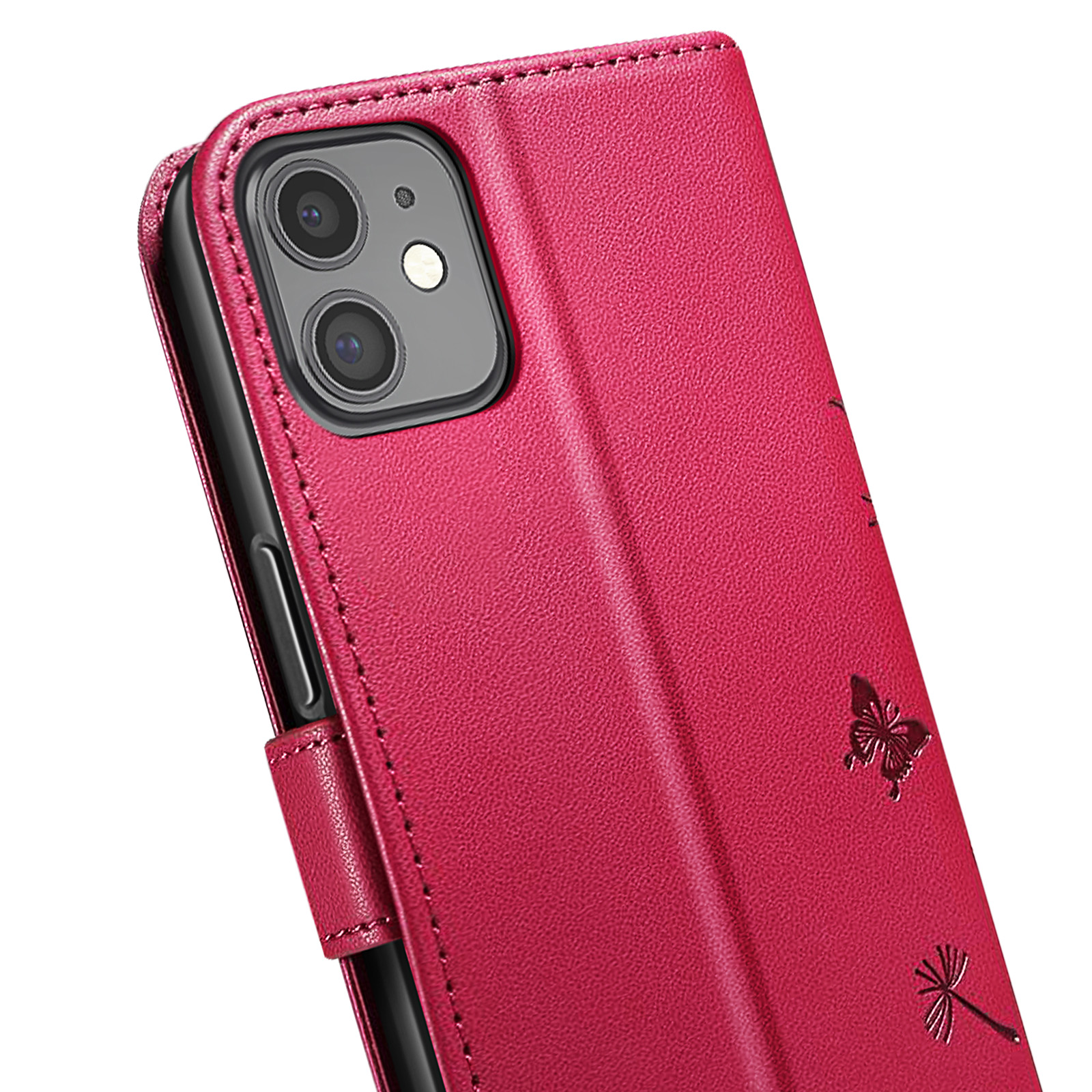 Una custodia rossa per telefono con fotocamera visibile. La custodia presenta disegni a rilievo di farfalle e fiori.
