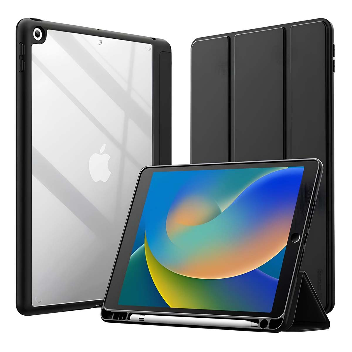 Tre iPad in custodie. Uno ha il retro trasparente, un altro è piegato e uno è aperto. L'iPad aperto mostra uno schermo colorato con una penna.