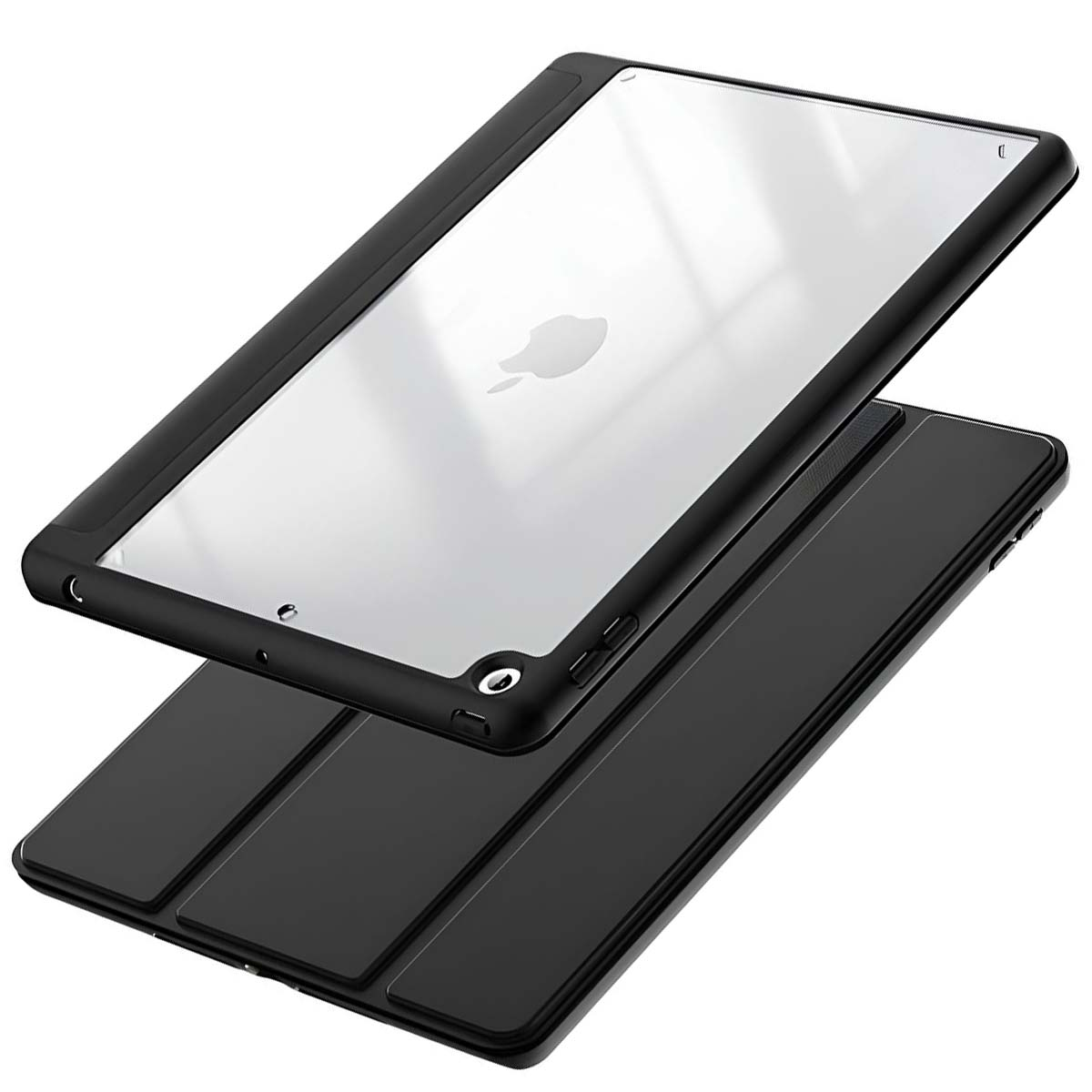 Una custodia nera per tablet, aperta. Lo schermo del tablet ha un logo Apple bianco. La custodia è su sfondo bianco. La custodia è nera.