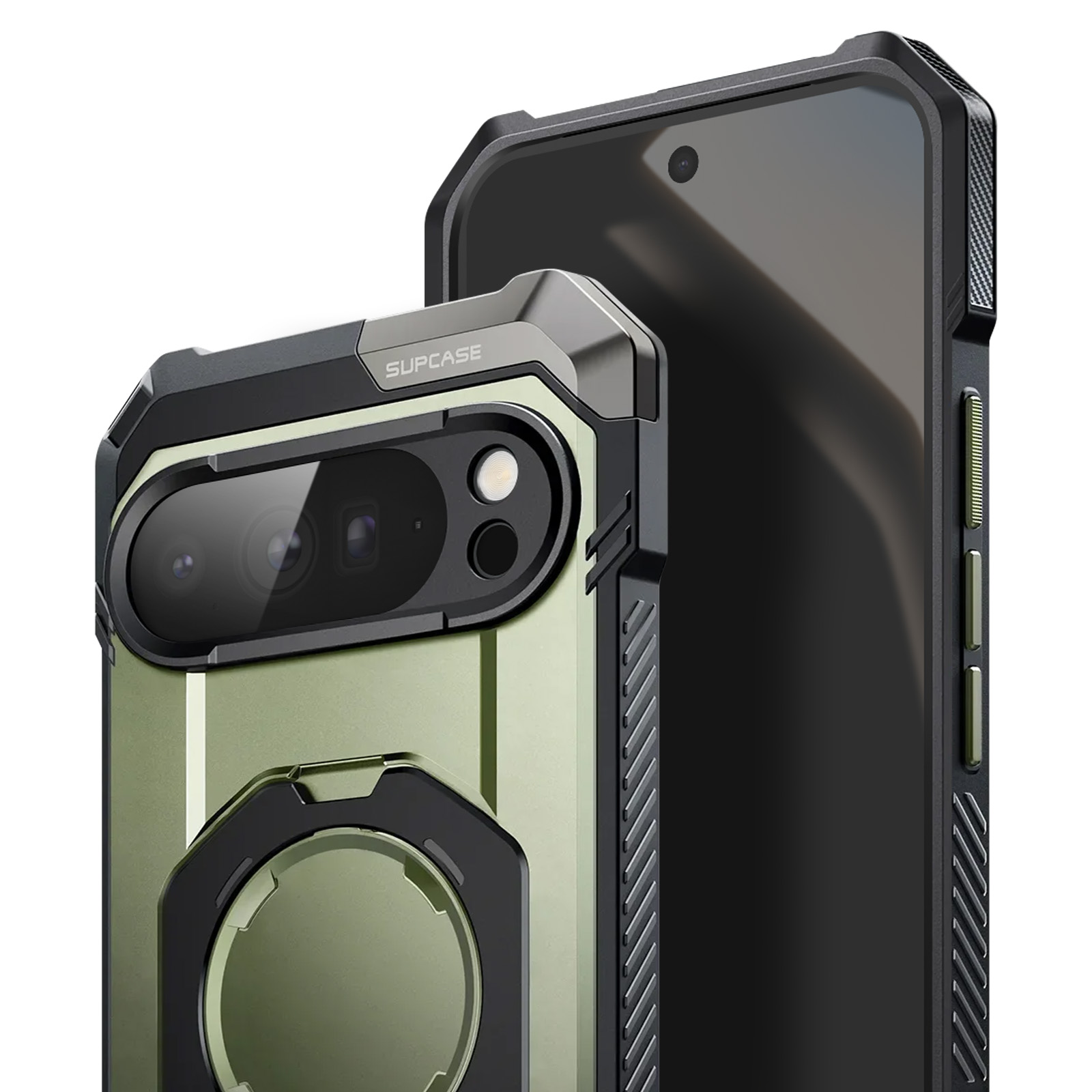 Nahaufnahme einer grün-schwarzen Handyhülle mit dem Wort SUPCASE und einem schwarzen Telefon rechts.