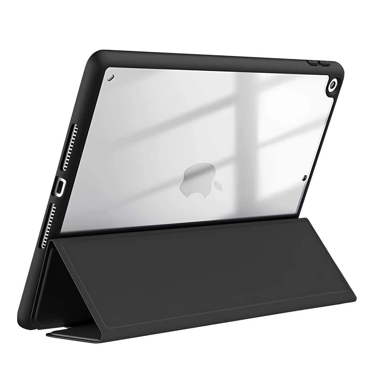 Custodia nera per tablet con retro trasparente, che mostra il logo Apple. La custodia è angolata, appoggiata sulla sua base piegata.
