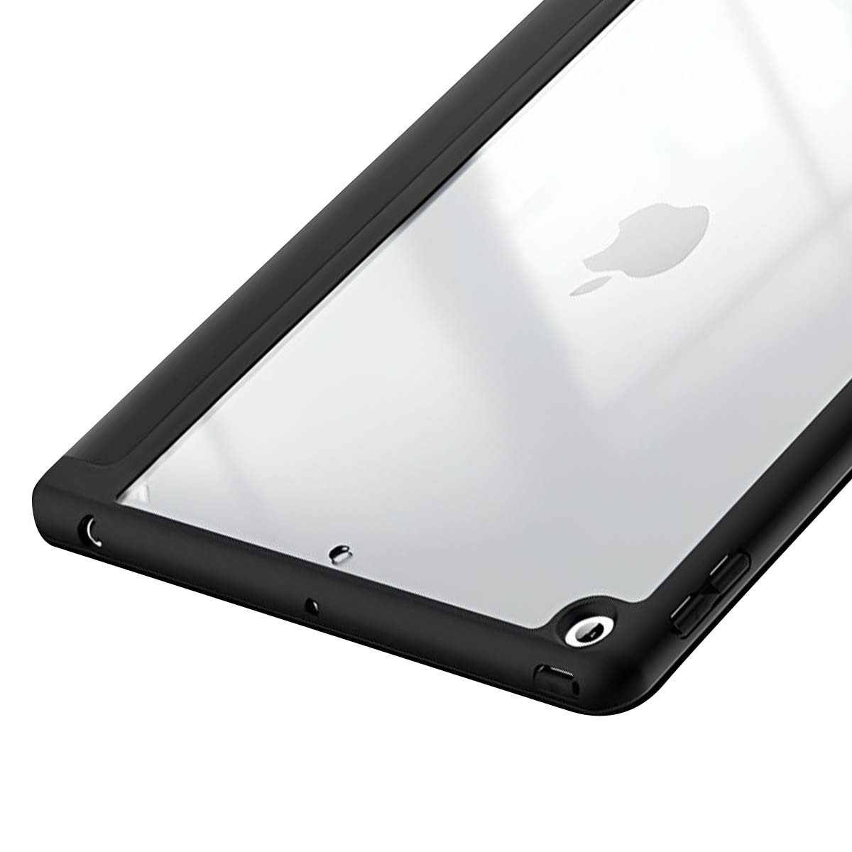 Custodia protettiva nera su un tablet. La custodia ha un retro trasparente e una cornice nera. Il logo Apple è visibile.